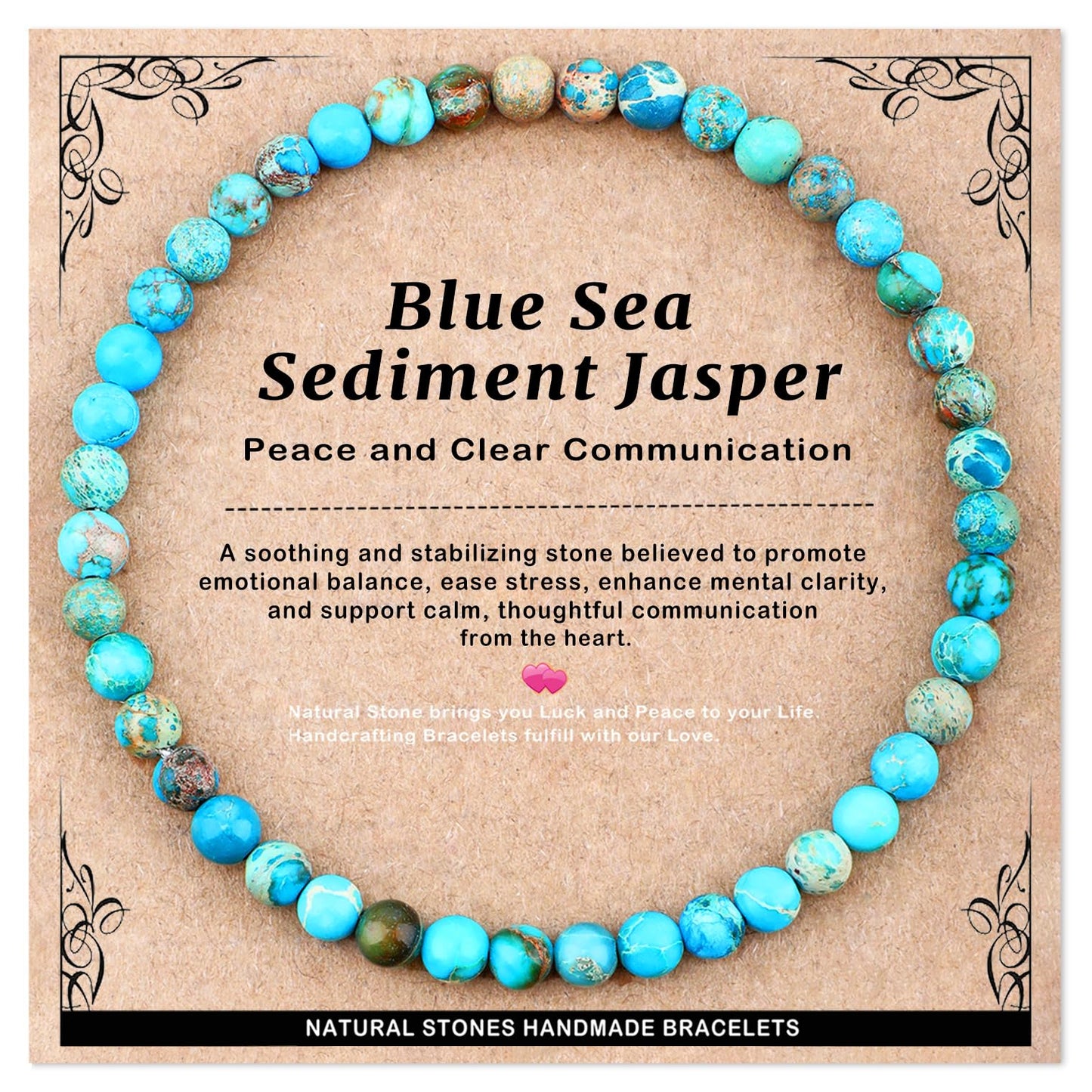 AD Beads 4mm Handmade Blue Sea Sediment Imperial Jasper Elastic Bracelet – Natural Gemstone for Joy & Positivity – Meditation, Yoga, Healing and Energy Gift for Men Women
