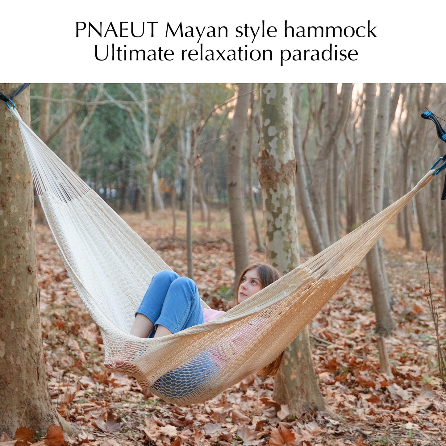 PNAEUT Handwoven Mayan Hammocks, Double Rope Hammock for Outdoor Outside & Indoor, Thick Soft 600 lbs Capacity Heavy-Duty, Includes Tree Straps, Carabiners & Carrying Bag (Nature, X-Large)