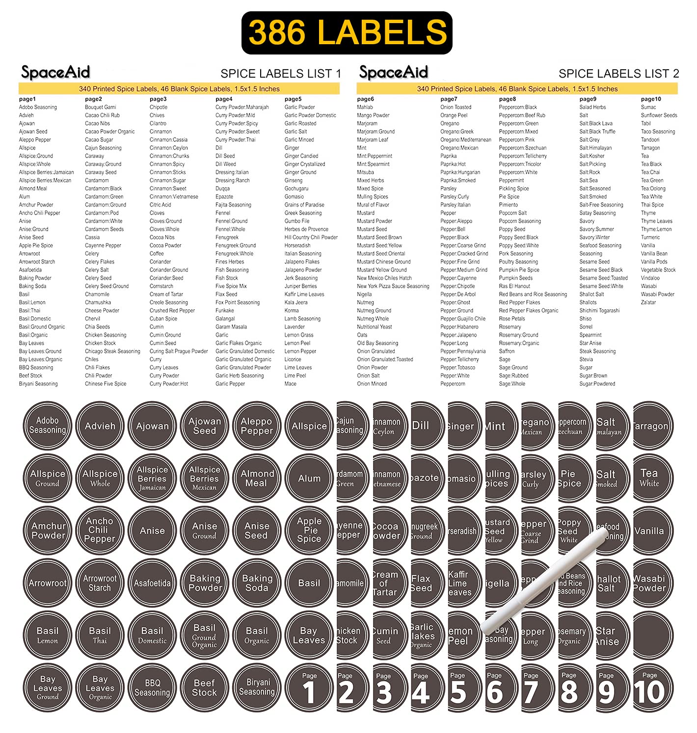 SpaceAid Spice Rack Organizer with 36 Spice Jars, 386 Spice Labels, Chalk Marker and Funnel Set for Cabinet, Countertop, Pantry, Cupboard or Door & Wall Mount - 36 Jars, 17.2" W × 10.8" H, Black