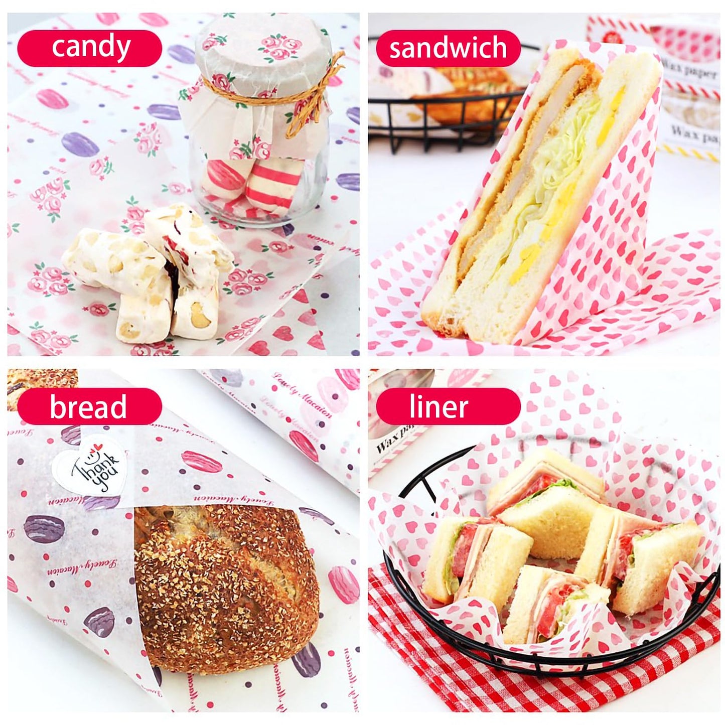 Sunch Craft 100 Sheets Wax Paper Sheets Heart & Rose Pattern Greaseproof Basket Liners Wrap Paper Sandwich Burger Chips Cookies Deli Paper Food Grade Baking Parchment 8.5 x 9.8 in