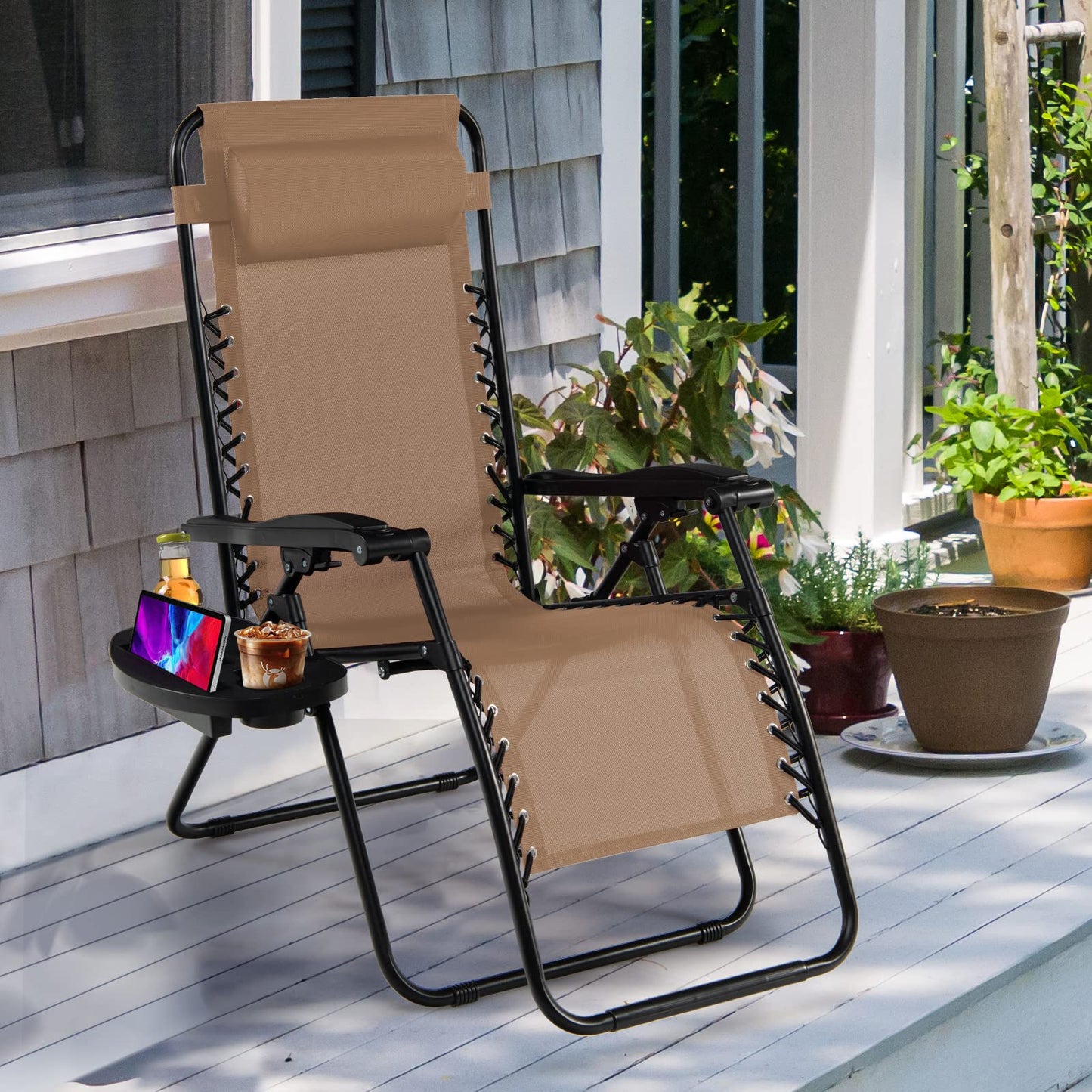 Renatone Folding Zero Gravity Reclining Textilene Lounge Chairs, Outdoor Adjustable Patio w/Pillows & Cup Holder Trays for Backyard, Beach, Poolside (BE)