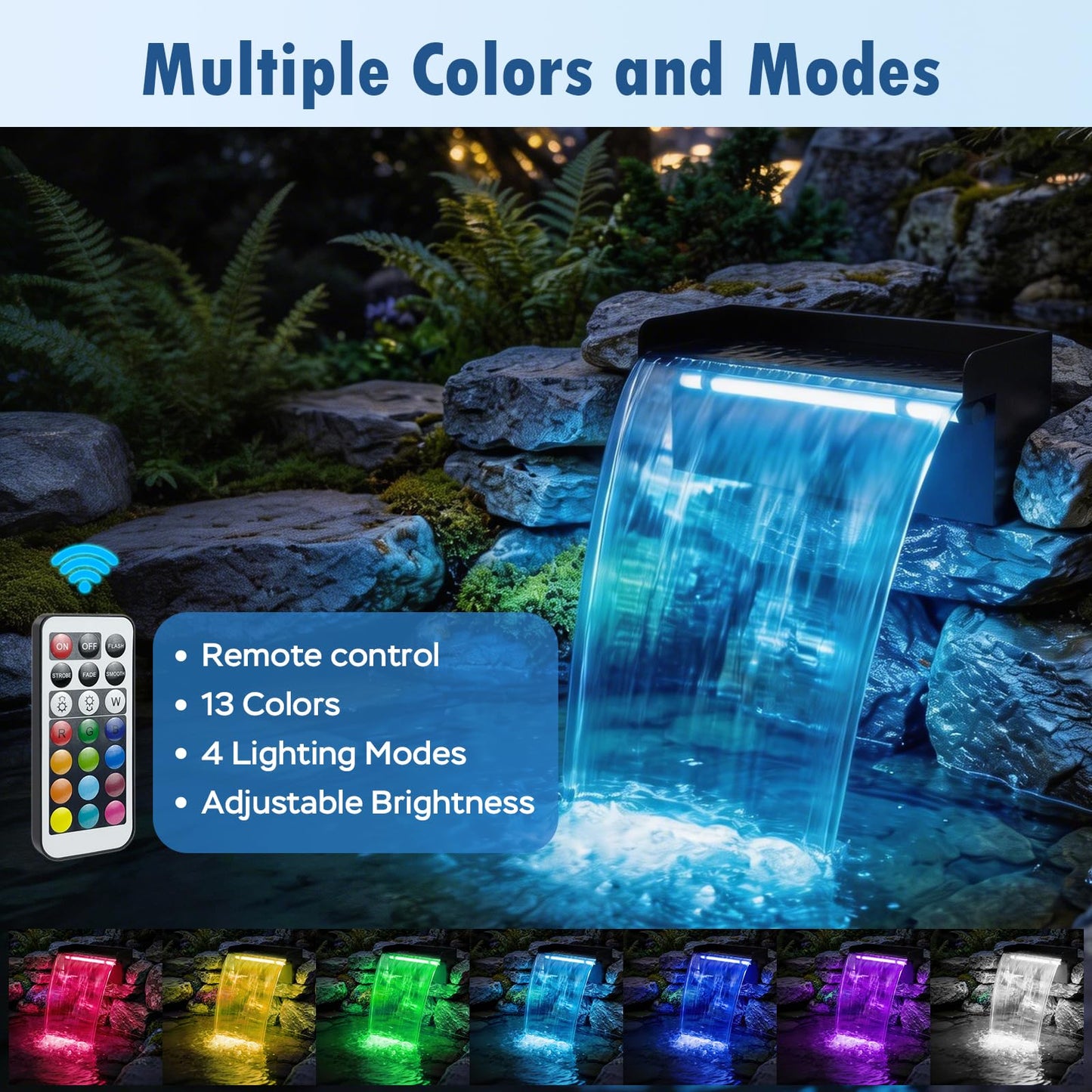 Devopet Pond Waterfall Spillway Kit, 12" Stainless Steel Spillway with Remote Control LED Lights, 660GPH Submersible Water Pump, Outdoor Waterfall Fountain for Water Feature, Garden, Backyard, Pool