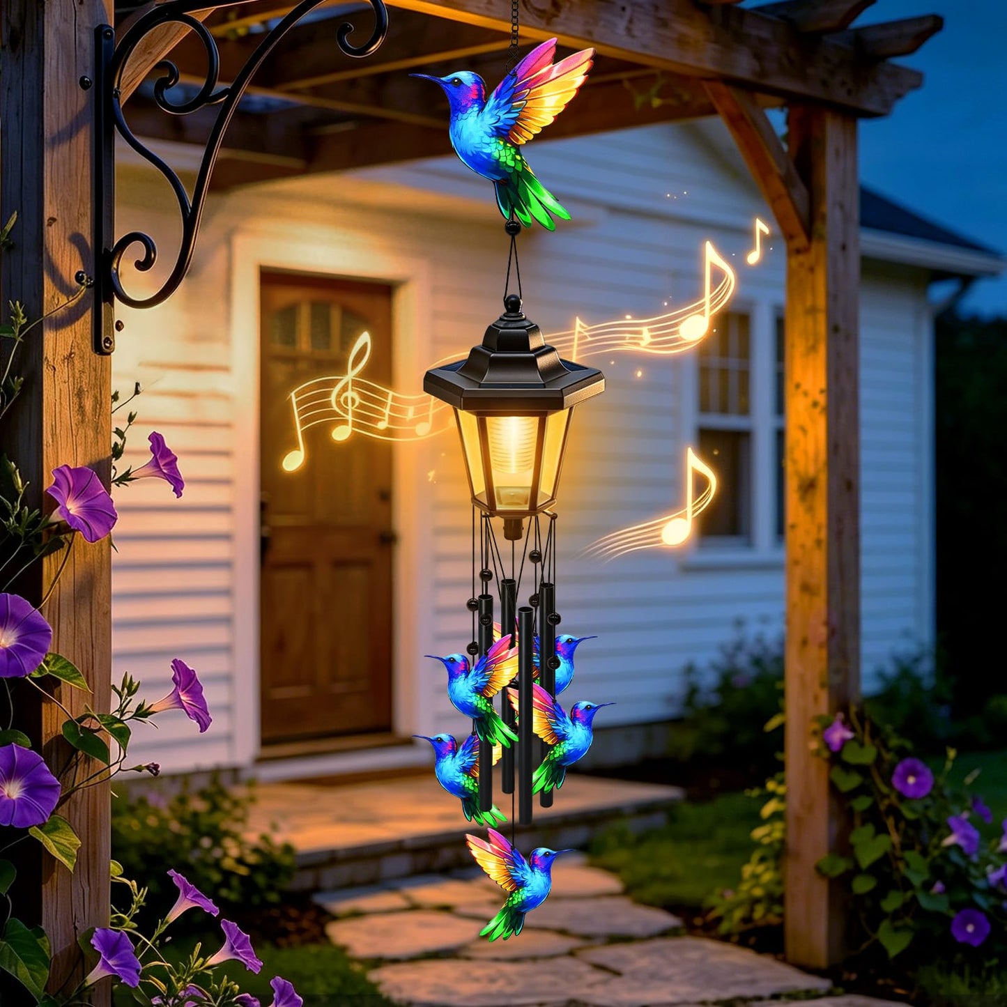 Large Solar Hummingbird Wind Chimes, Gifts for Women Mom Grandma Wife Sister Daughter Neighbor, Black Metal Wind Chimes with Wind Catcher, Solar Decor Lights for Outdoor Garden Patio Porch Window