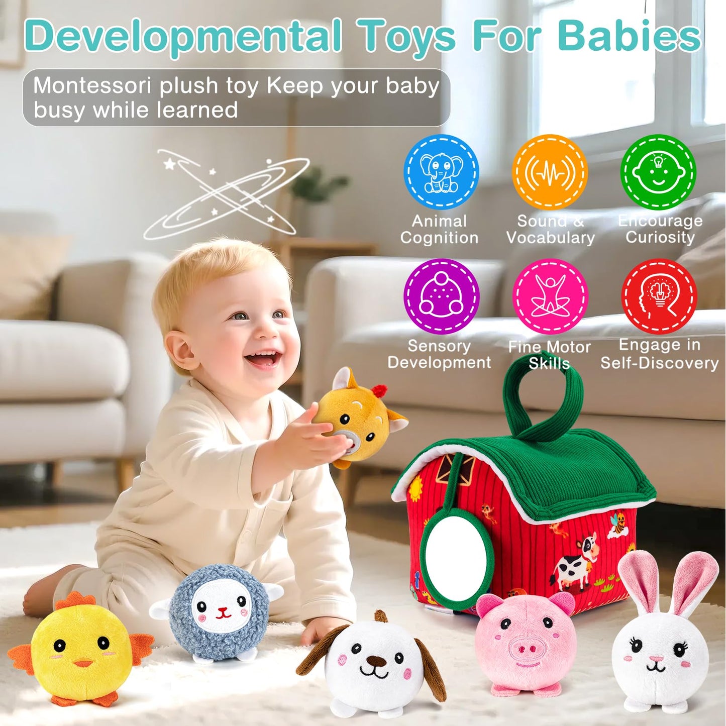 NECTAR BABY Soft Baby Sensory Toys - First Surprise Barn with 6 Stuffed Farm Animals - Rattles, Crinkles, Squeak, Mirror - Montessori Toys for 6-12 Months Infant & 1-3 Years Toddler Gifts & Travel Toy