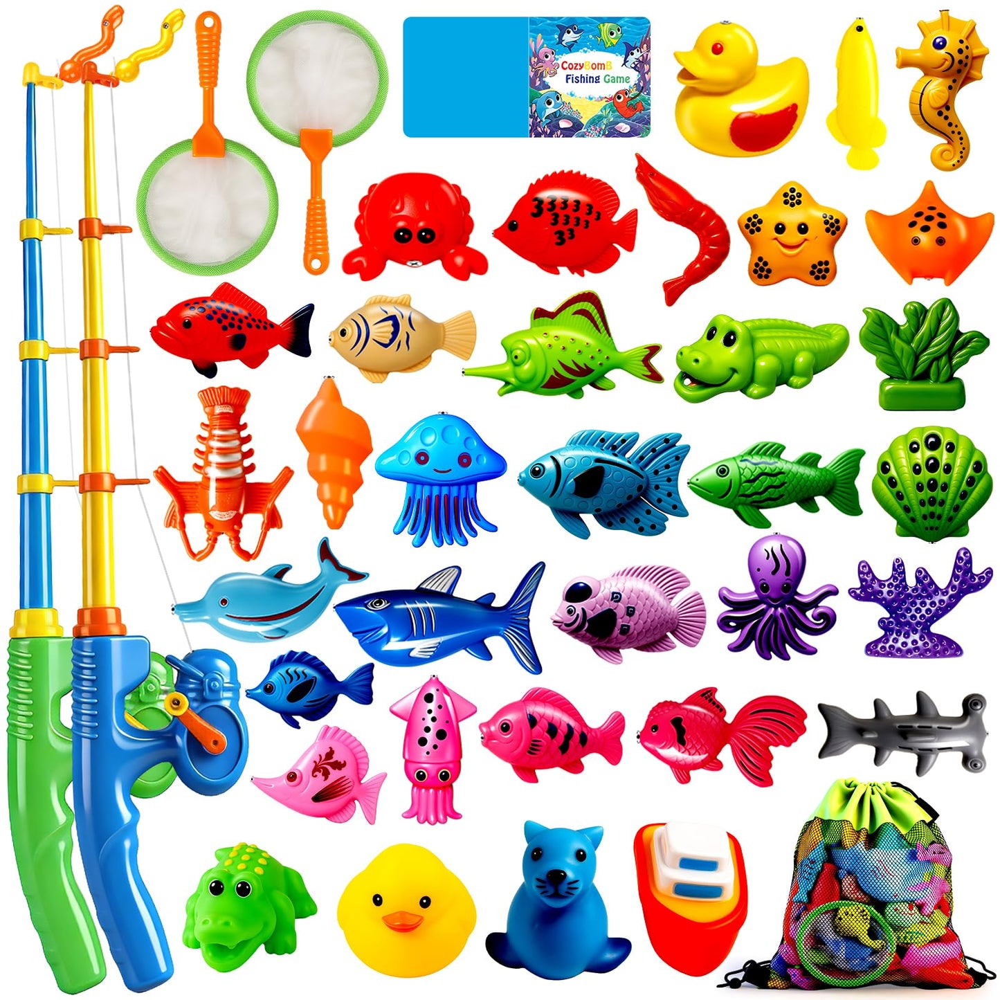 CozyBomB™ Magnetic Fishing Toys Game Set for Kids | Water Table Bathtub Kiddie Pool Party Pole Rod Net, Outdoor Plastic Floating Fish, Toddler Bath Color Ocean Sea Animals Birthday Gift Age 3-5 6 4-8
