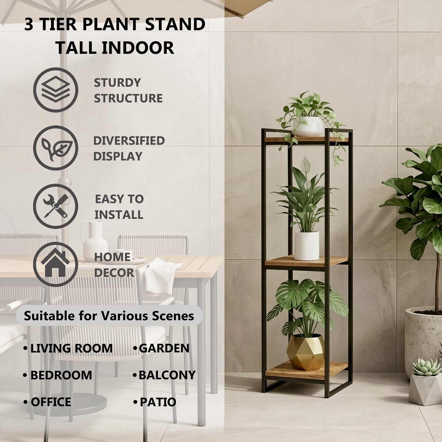 FONHAYE 45" Tall Plant Stand Indoor, 3-Tier Modern Plant Shelf Corner Flower Pot Holder Organizer for Living Room Balcony Garden, Rustic Brown