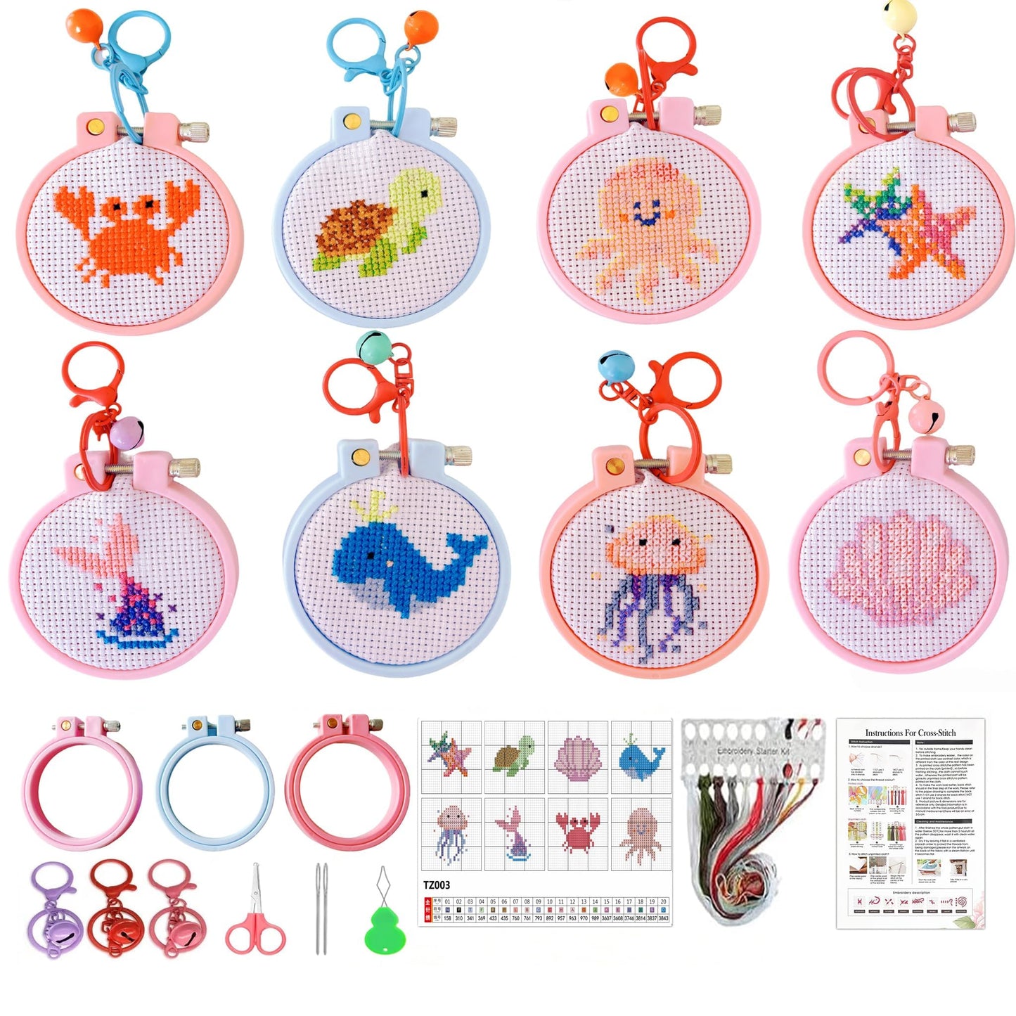 VIGEGU 8 Pack Cross Stitch Kits for Beginners,Marine Animals Stamped Cross Stitch Kits for Kids,Crafts for Girls 8-12 Embroidery Kit 11CT Cross Stitch Kit for Beginners with Frame