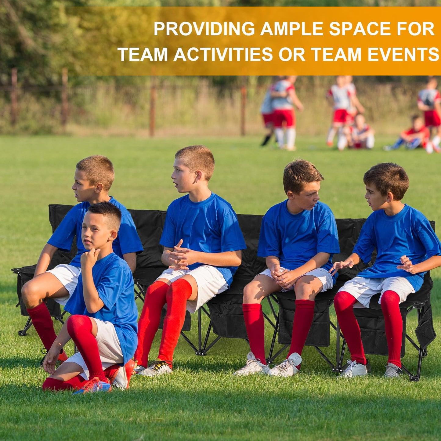 Wonderjune Folding Soccer Bench Portable Sports Team Bench with Pockets and Carrying Bag for Sports Team Outdoor Camp Travel Soccer Practice(Black,6 Seat)