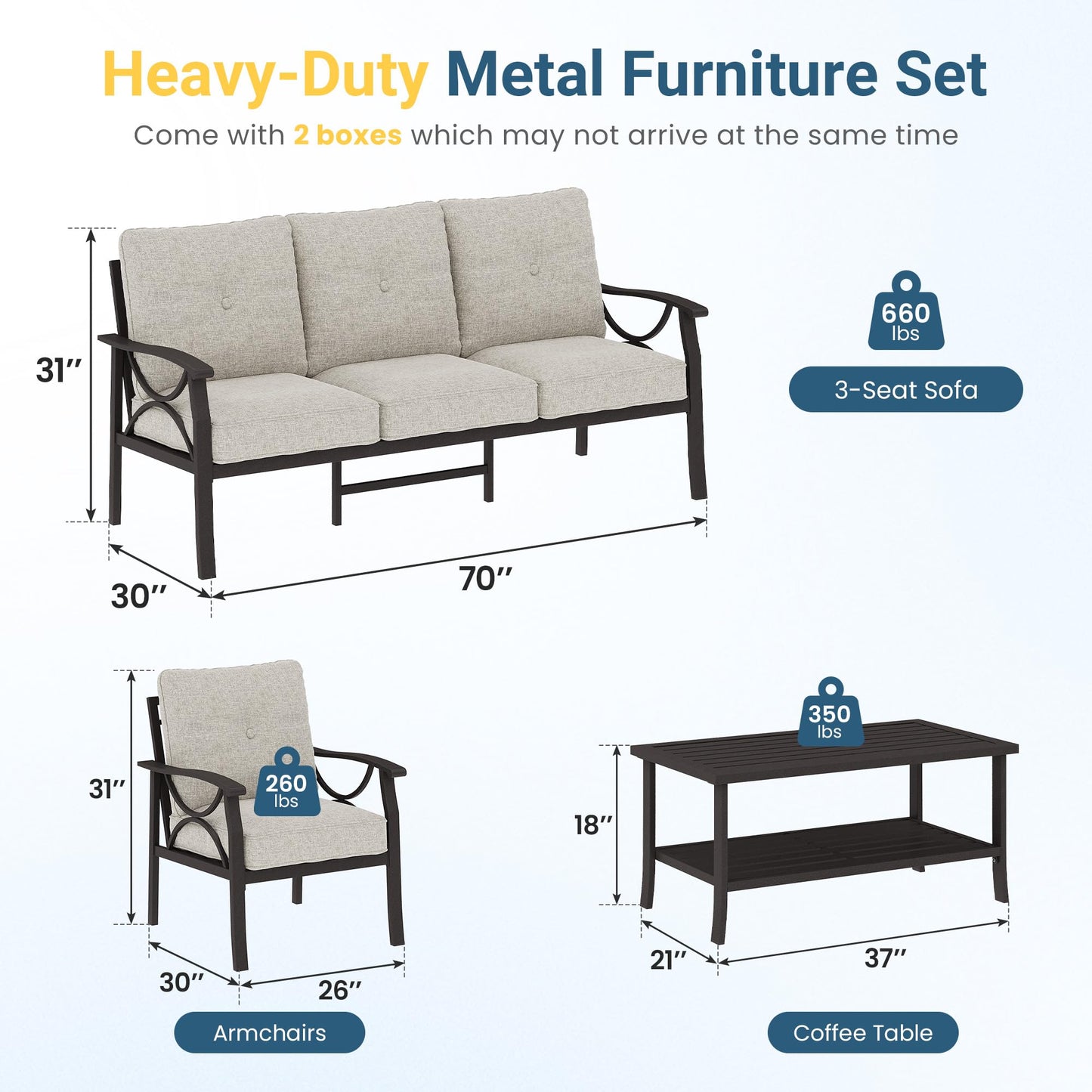 RoyalCraft Outdoor Patio Furniture Set, 5 Seats Outdoor Patio Set with 4" Thick Cushion, All-Weather Metal Patio Sofa with Coffee Table, Outdoor Sectional Furniture for Porch Backyard, Khaki&Beige