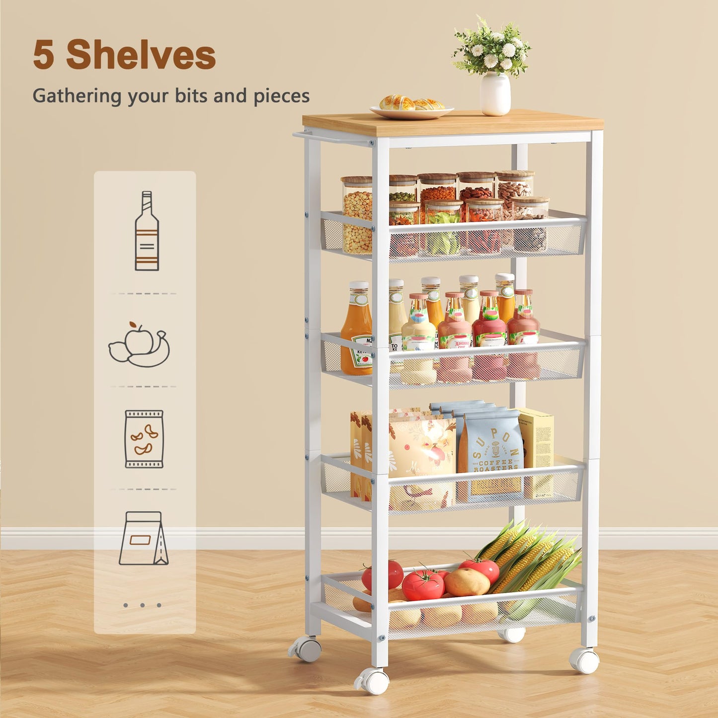 Hoctieon Rolling Storage Cart, 5-Tier 11.8" Wide Rolling Kitchen Storage Cart, Utility Cart with Handle & Wheels, Mobile Shelving Unit, Metal Frame Narrow Cart for Home Kitchen, Laundry, Oak Beige