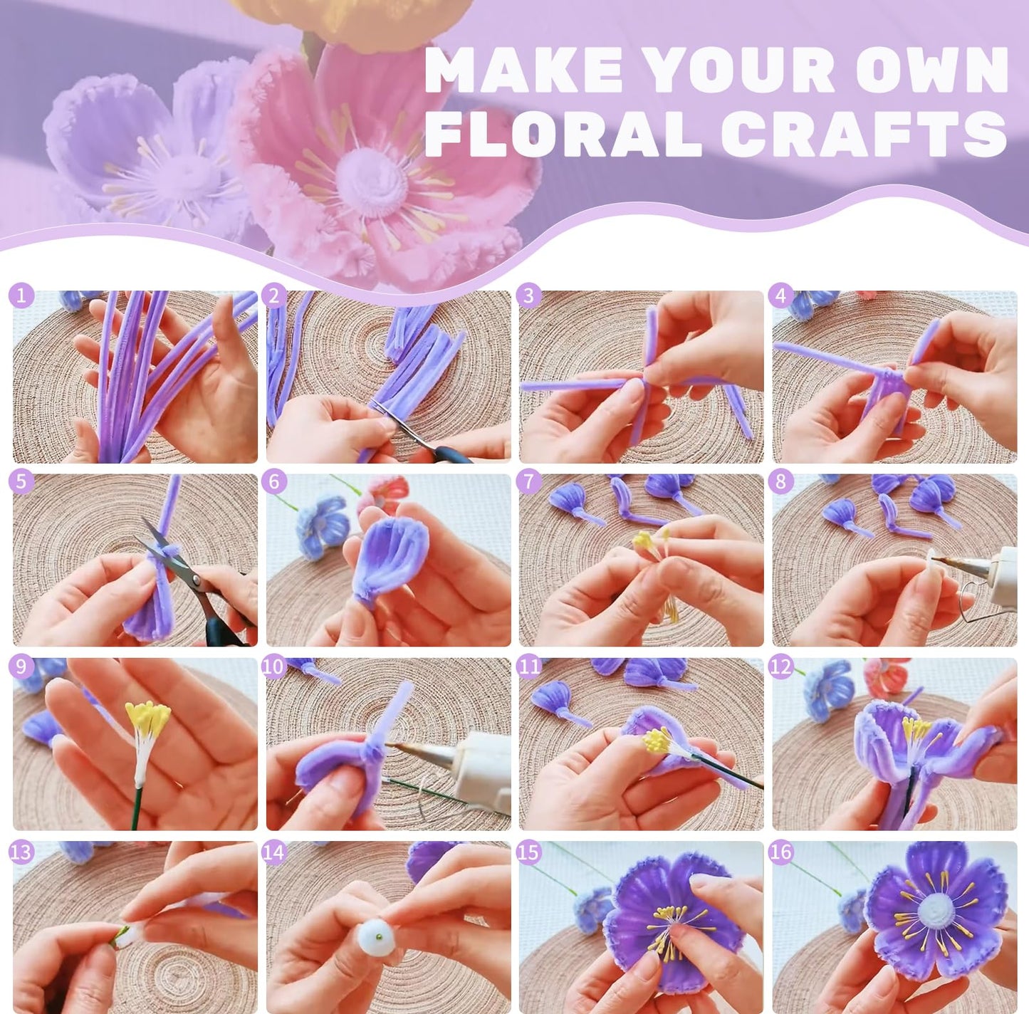 1200PCS Pipe Cleaners Craft, Pipe Cleaner Flower Kit with Instruction, 14 Colors Chenille Stems Flower Making Kit with Stamen, Tape, Floral Wrapping Paper and Ribbon for Arts DIY Craft Supplies ﻿
