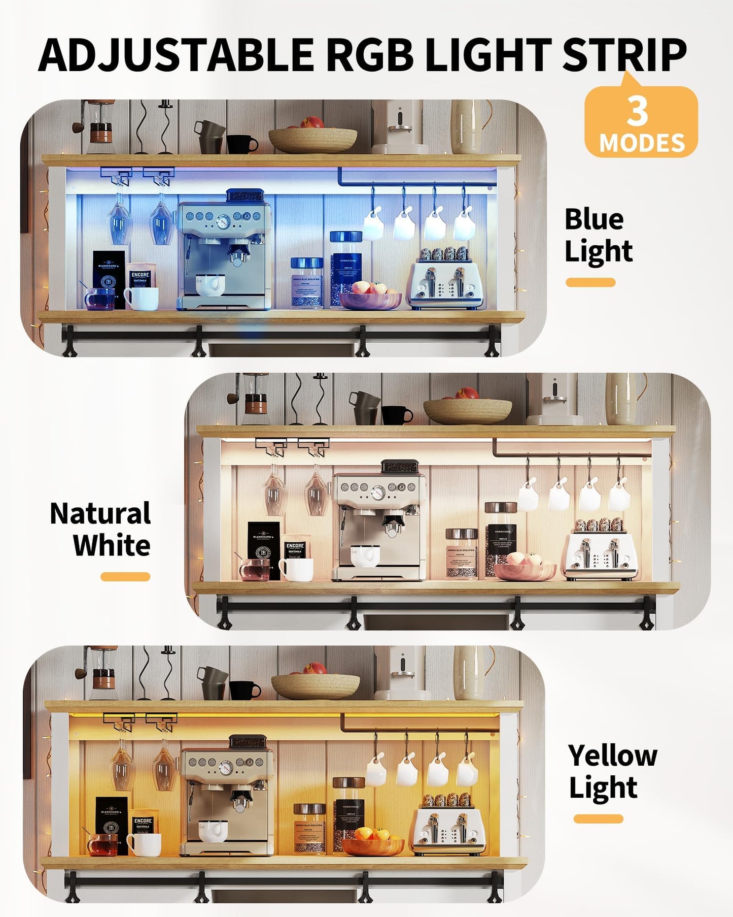 IDEALHOUSE 55" Farmhouse Coffee Bar Cabinet with Power Outlet & LED Light - Sliding Barn Door Buffet with Removable Wine Rack, 2-Tier Drawers, for Kitchen, Dining & Living Room, White