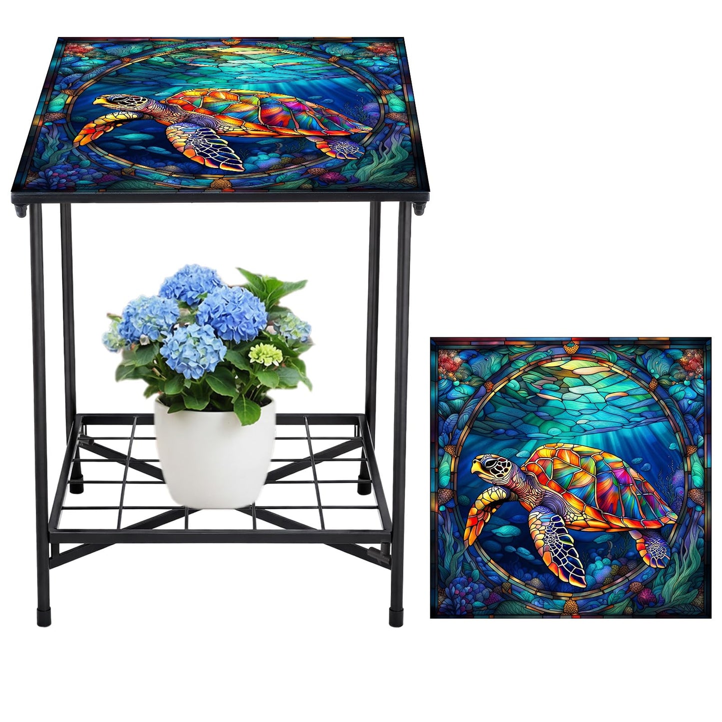 Cinnvoice Outdoor Side Table 2-Tier Storage Square Small Mosaic Patio Accent Indoor End Plant Coffee Tea Table for Yard Patio Porch Garden Living Room, Bedroom(Turtle Style)