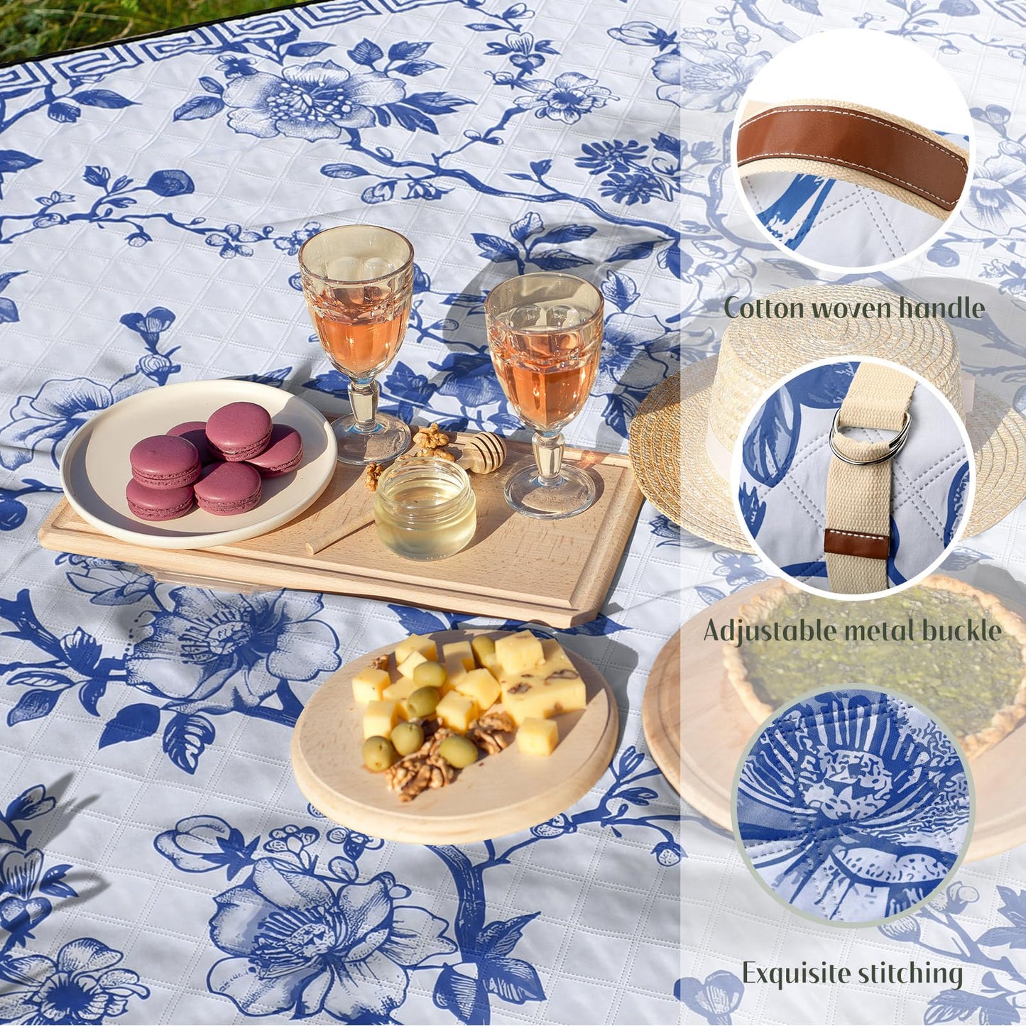 Newwiee 80 x 80 Inch Blue and White Floral Picnic Blanket Extra Large Outdoor Chinoiserie Picnic Mat with Carry Strap Waterproof Sandproof Blanket Foldable Portable for Beach Camping Grass Lawn Park