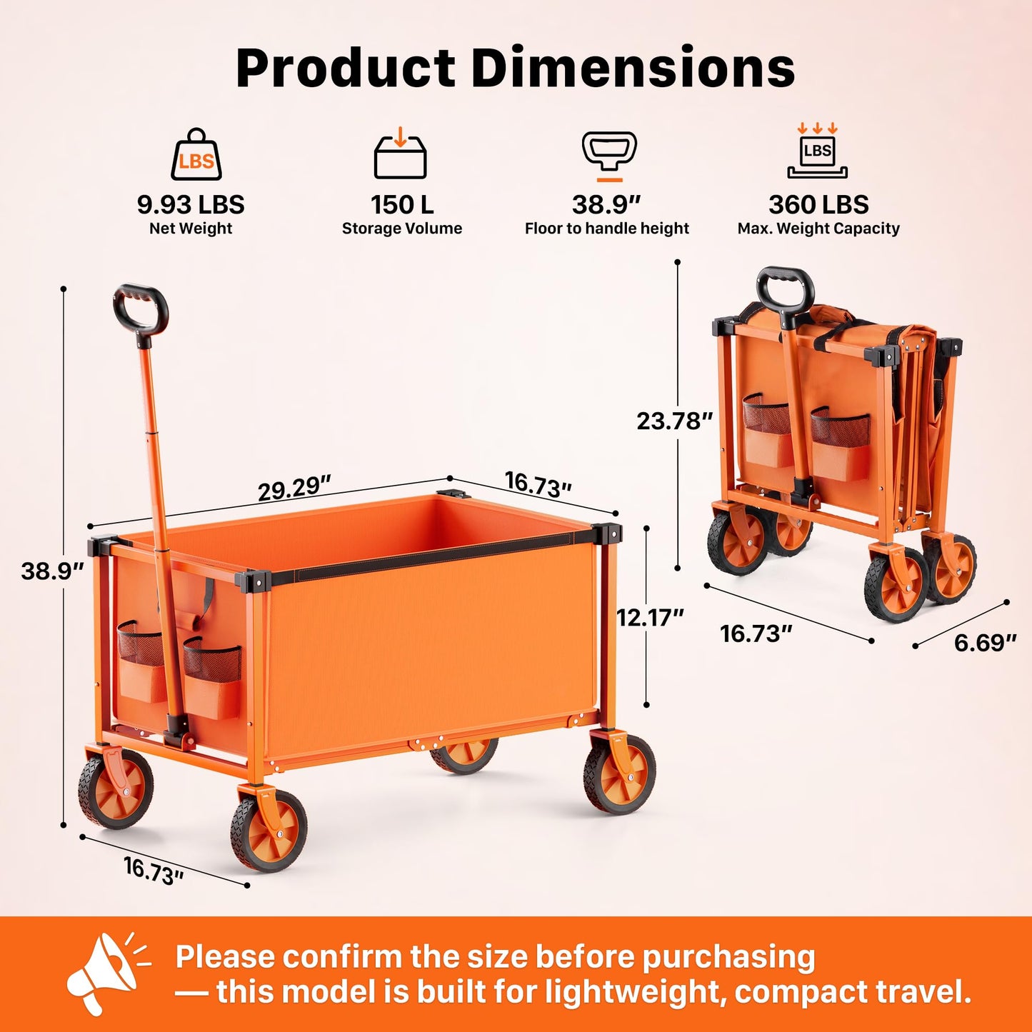 Hombetta Collapsible Wagon Cart with Wheels, 150L Lightweight Foldable Utility Cart, Portable Rolling Wagon for Garden, Shopping, Sports, Camping, Transport, Orange