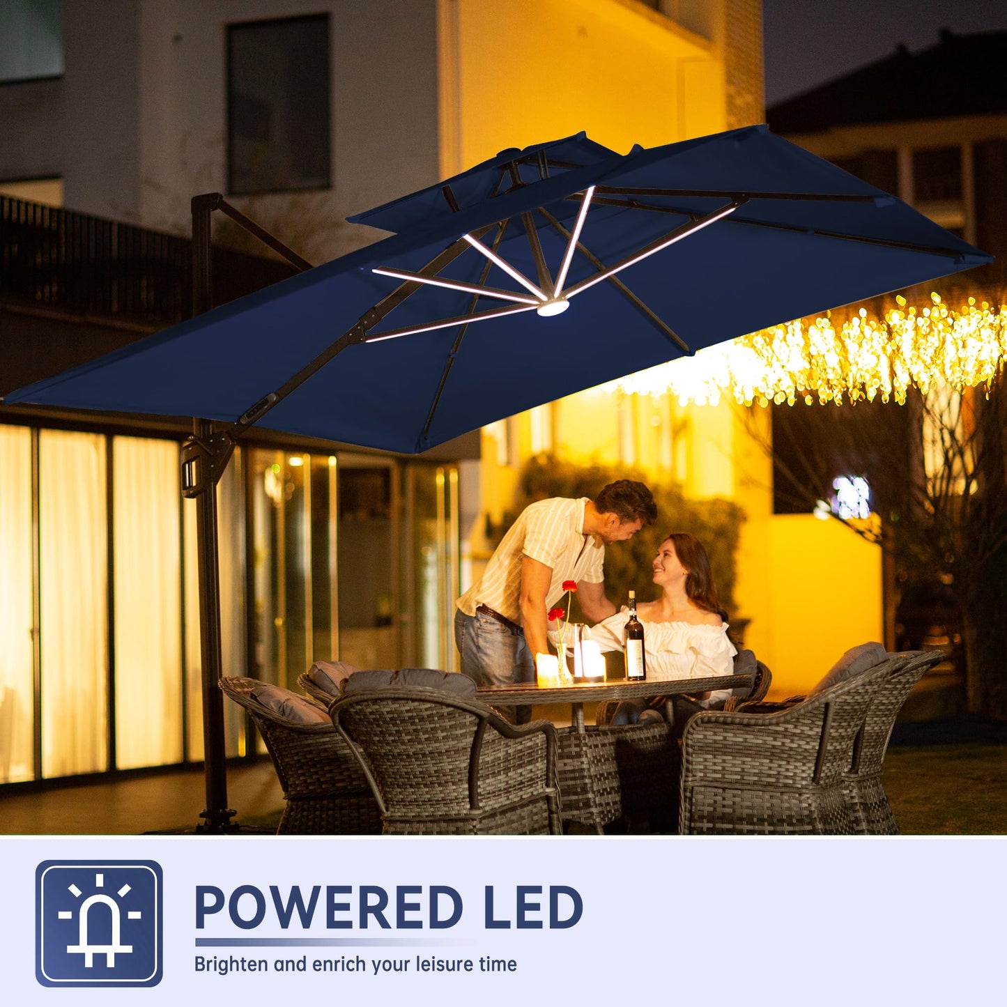 MEVBC 10 X 13 FT Cantilever Outdoor Patio Umbrella with LED Lights Large Heavy Duty 360° Rotation Double Top Offset Rectangular Umbrellas for Backyard Garden Pool Outside Deck, Navy