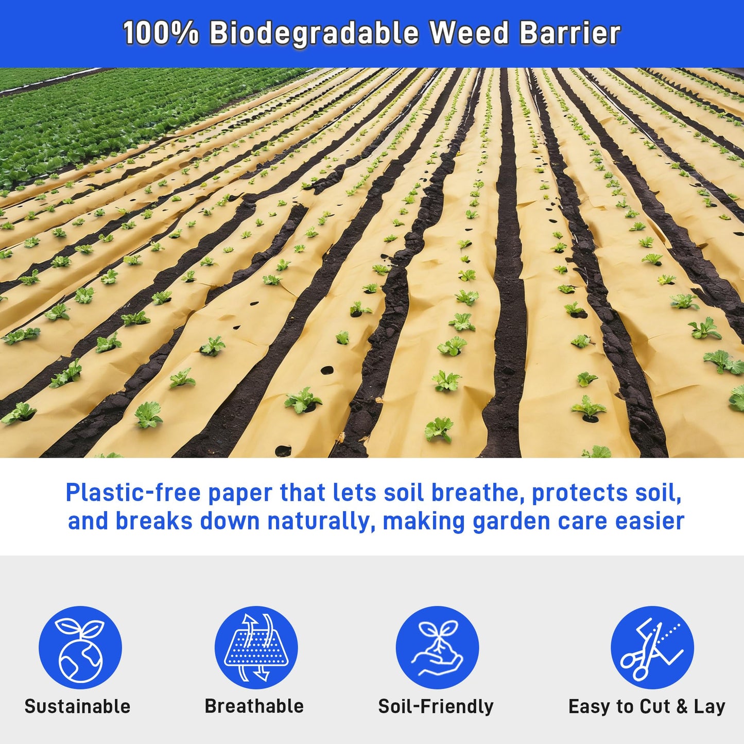 4 x 100 Ft Biodegradable Weed Barrier, Heavy Duty Garden Paper Biodegradable Landscape Fabric for Weeds Control, Thick Paper Garden Mulch Rolls Weed Grass Blocker Paper Mat for Garden Lawn Flower Beds