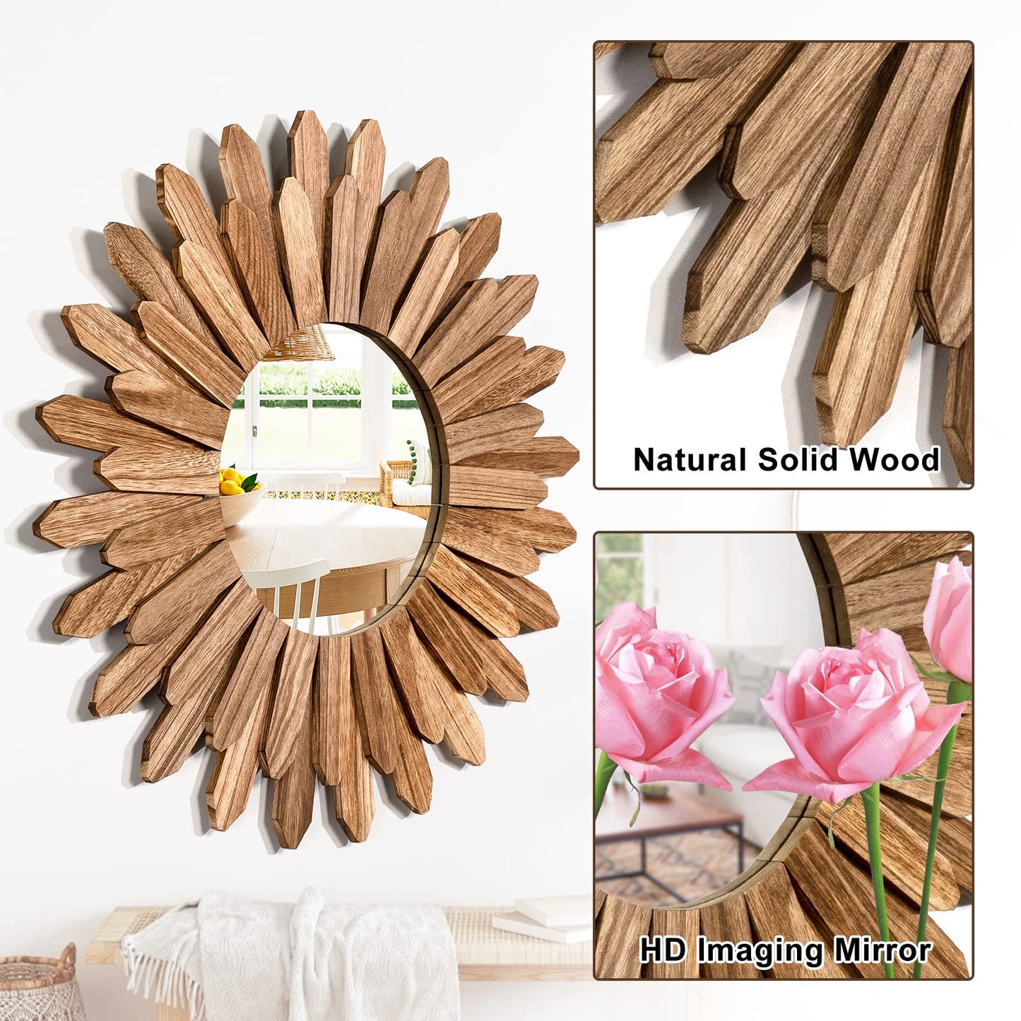 Emfogo Wall Mirror 21 inch Rustic Wood Sunburst Boho Mirror Wall Decor Home Decor for Bedroom Living Room Entryway Farmhouse (Carbonized Black)