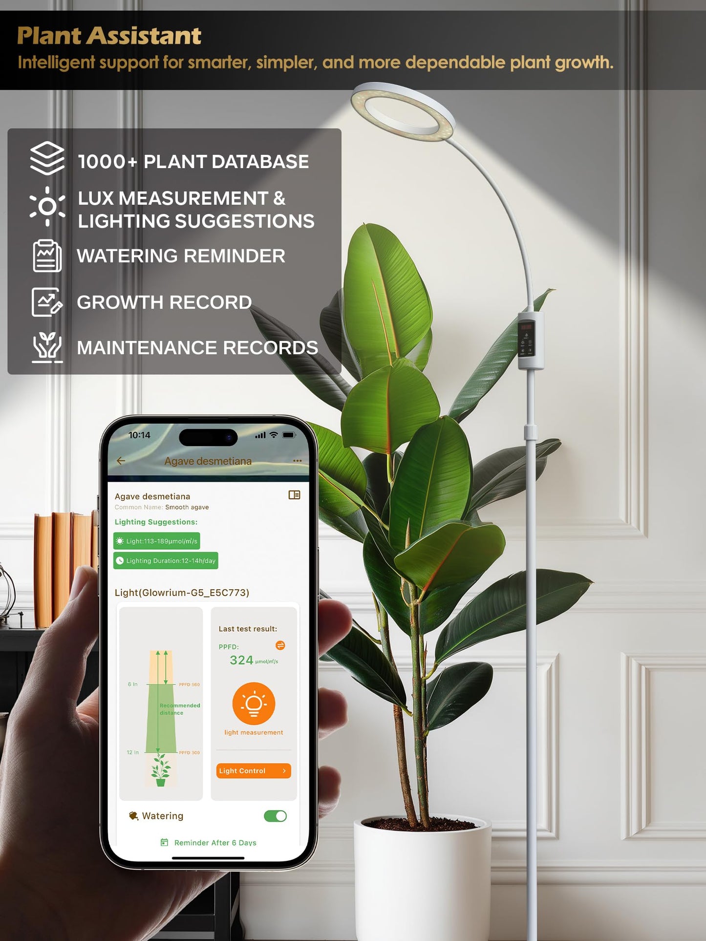 Smart Grow Lights for Indoor Plants, 24W Plant Light with Auto-Timer, Full Spectrum LED Grow Light, Adjustable Height & Stepless Dimming,Plant Assistant Suitable for Most Plants (White)