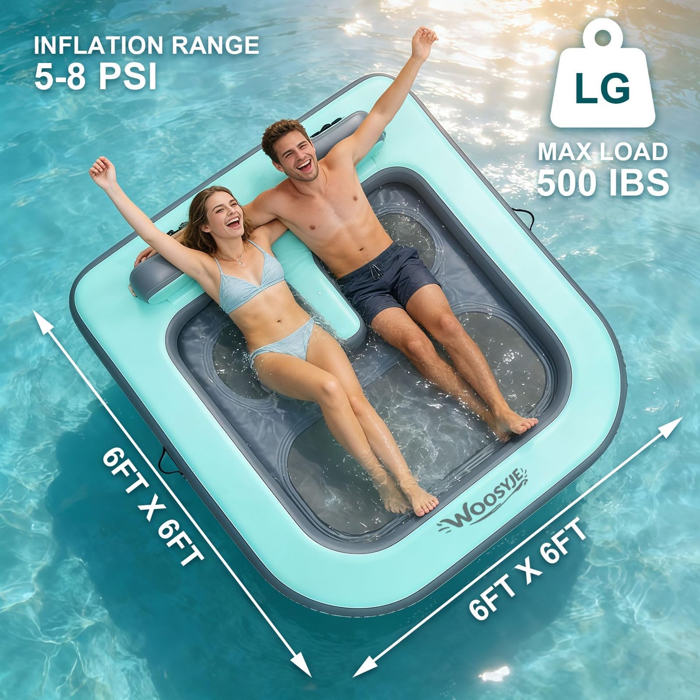 WOOSYJE 2 Person Water Hammock,Sunchill Float,Tanning Pool Floats for Adults,Heavy Duty Drop-Stitch with Mesh Bottom & Backrests,Inflatable Floating Island with Pump