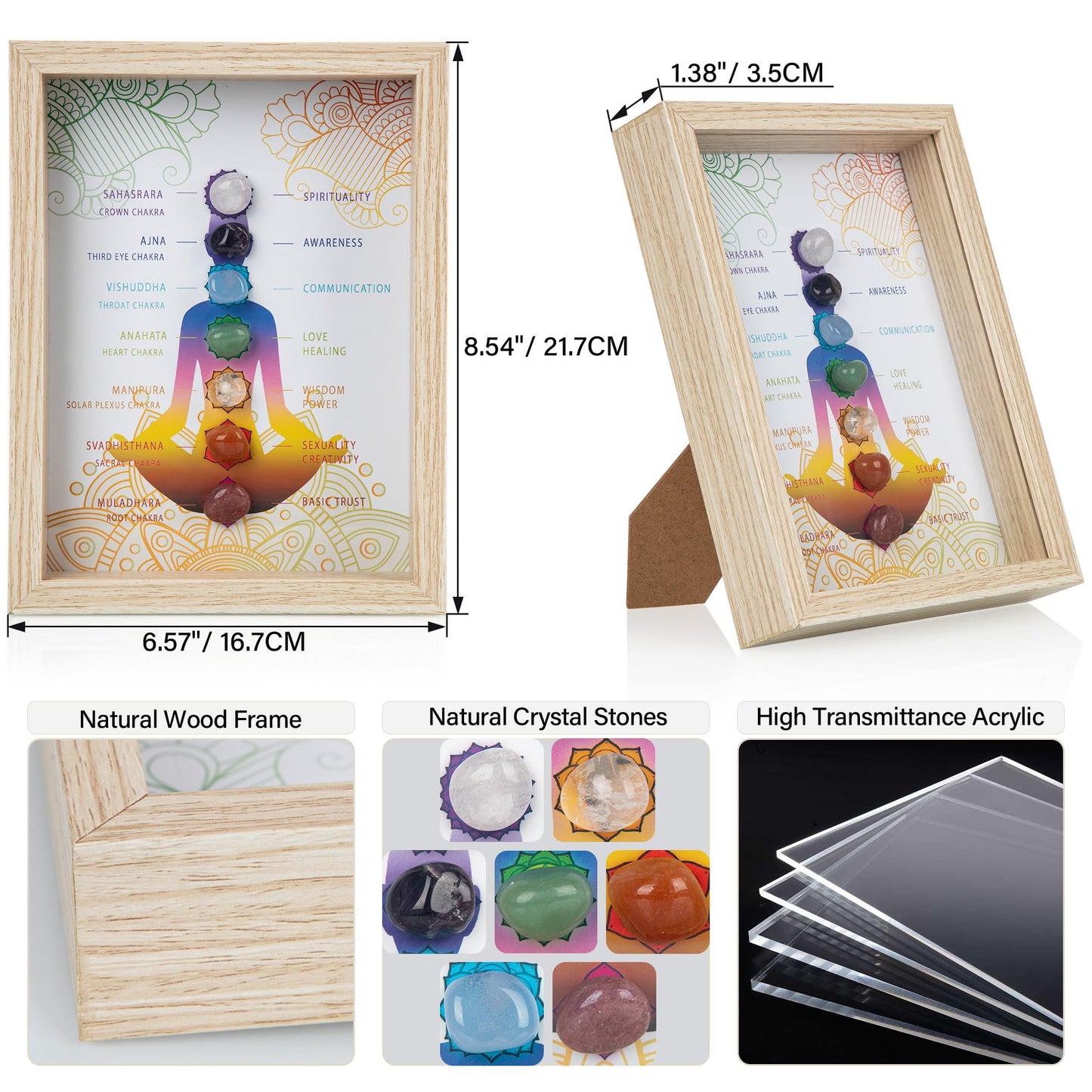 ZenBless Healing Crystal Stone 7 Chakras Healing Crystal Stones Picture Frame, Decorative Photo for Reiki Decor, Zen Meditation Yoga Spiritual Feng Shui Table or Hanging Home Wall Decor, Office Gift