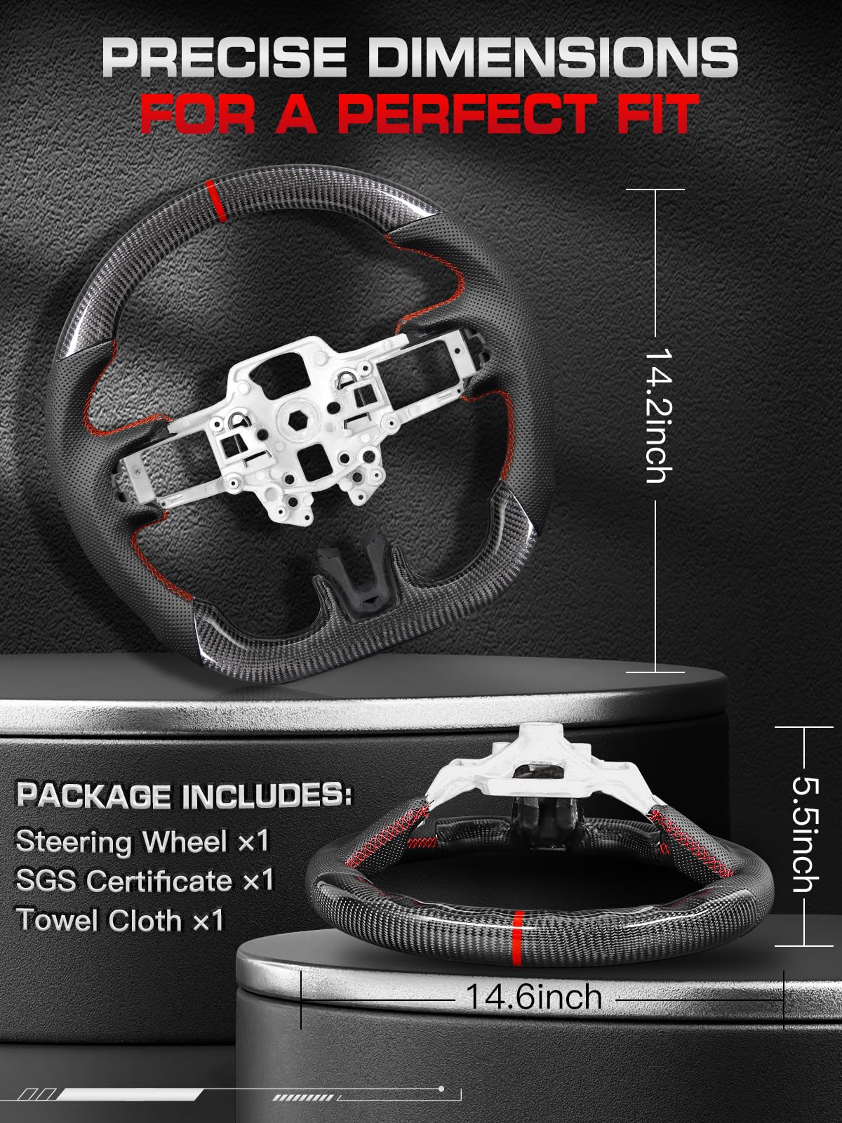 TESFEEL Real Carbon Fiber Steering Wheel for Ford Mustang 2018-2023, D-Shape Flat Bottom, Premium Nappa Leather with Red Stripe & Hand-Stitching, for EcoBoost/GT/Shelby GT350&GT350R