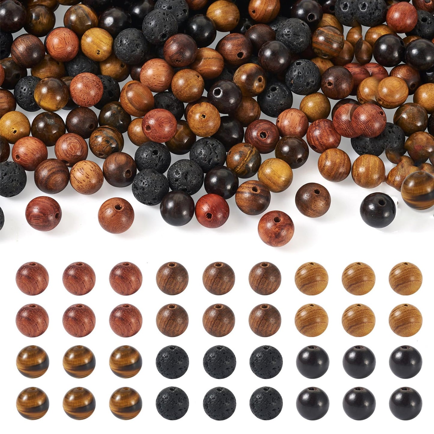 KISSITTY 300Pcs 6 Style Natural Wood Round Gemstone Beads Kit for Easter 8mm Lava Rock Bead & Grade AB Tiger Eye Wood Bead Natural Polished Wooden Ball Loose Beads for Men Bracelet Jewelry Making