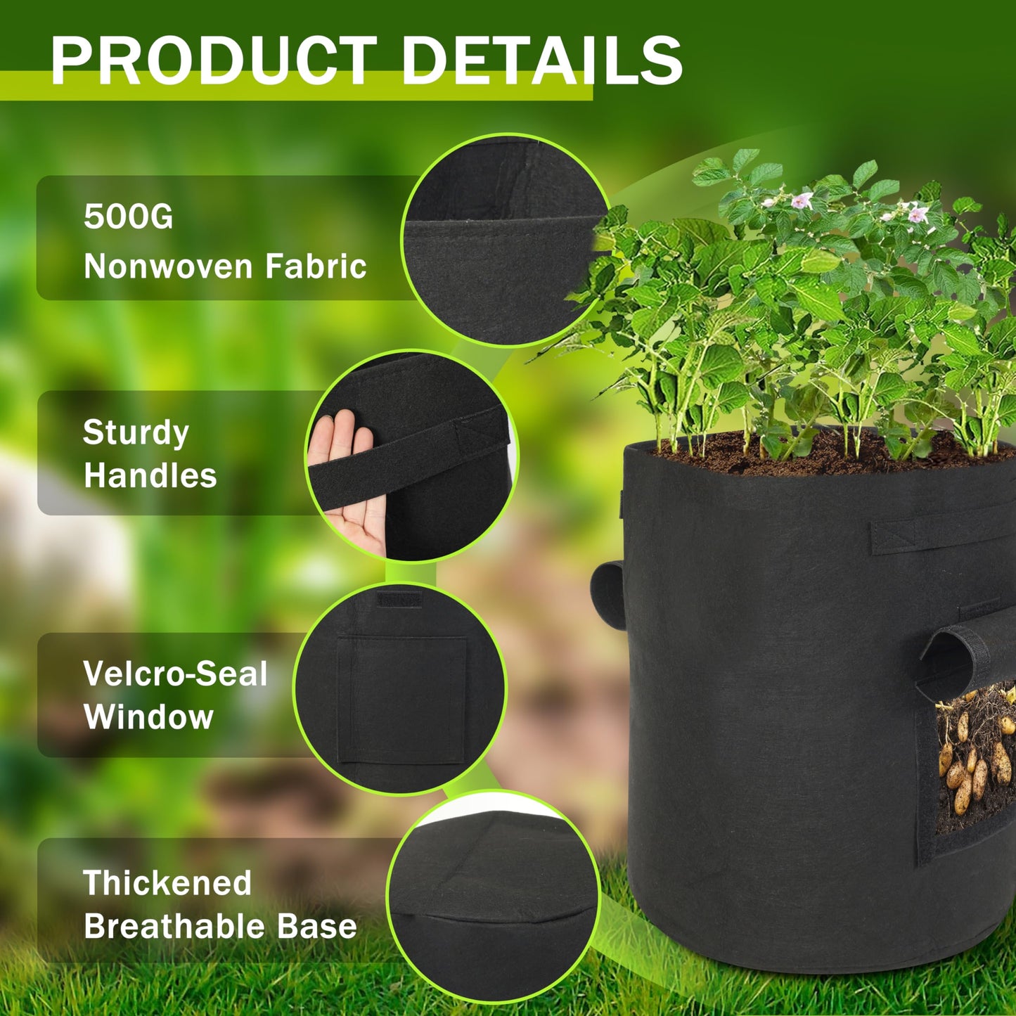 SORANGEUN Potato Grow Bags, 2-Pack 15-Gallon Grow Bags with 2 Flaps and Reinforced Handles, Heavy-Duty Thickened 500G Aeration Fabric Pots for Potatoes, Tomatoes, Flowers, and Vegetables