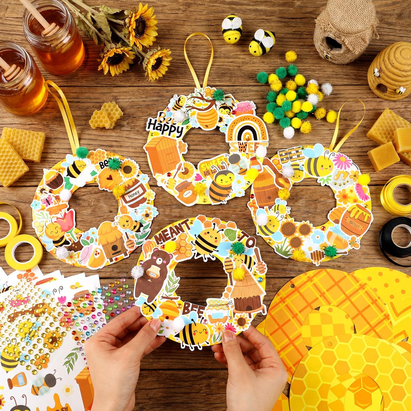 Hollowfly 48 Sets Bee Wreath Crafts Kits DIY Honey Bee Wreath Hanging Ornaments Make Your Own Paper Honeybee Craft with Sunflower Honey Flower Stickers for Summer Home Party Favors Activities