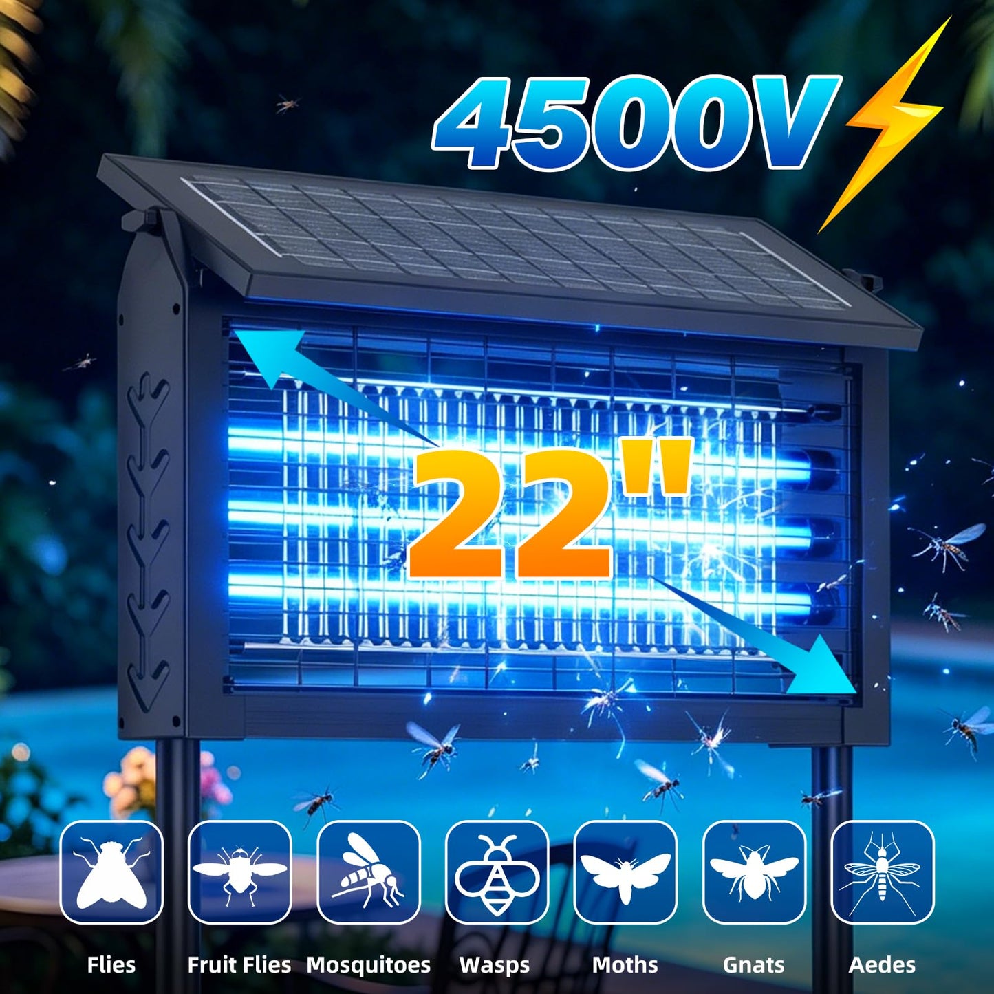 Solar Bug Zapper Outdoor 2026 Upgraded, 22 Inches Electric Mosquito Zapper with 10W Solar Panel, Waterproof Cordless Fly Insect Mosquito Trap for Backyard, Patio, Garden, RV, Camping