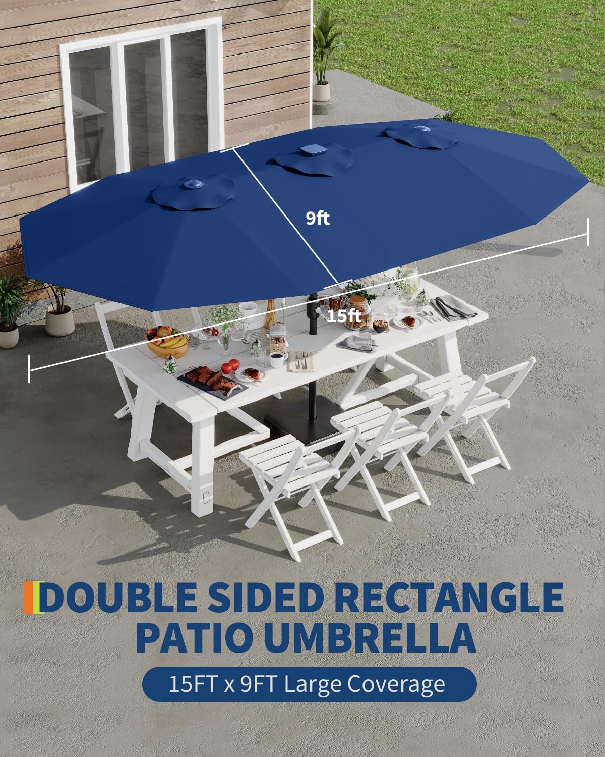 GarveeLife 15FT Large Patio Umbrella with Base Included, Double-Sided Rectangle Market Umbrella with Cross Base and Sandbag for Pool Lawn Garden (Navy Blue, 15 ft)
