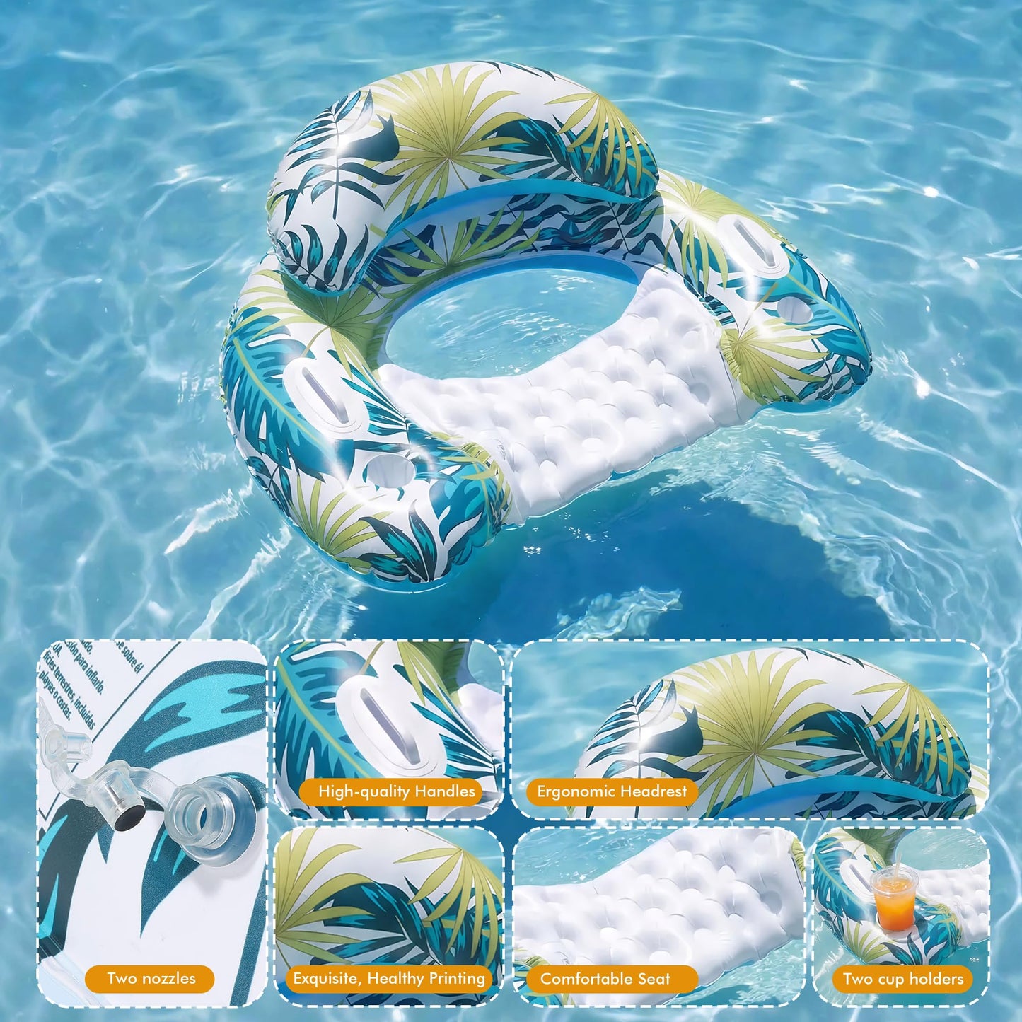3 Pack Pool Floats Adult, OKSUWATER Pool Floaties with Two Cup Holders & Handles, Inflatable Pool Floats Chairs, Lake Floats Applies to Swimming Pool Party Summer Lake Water Fun