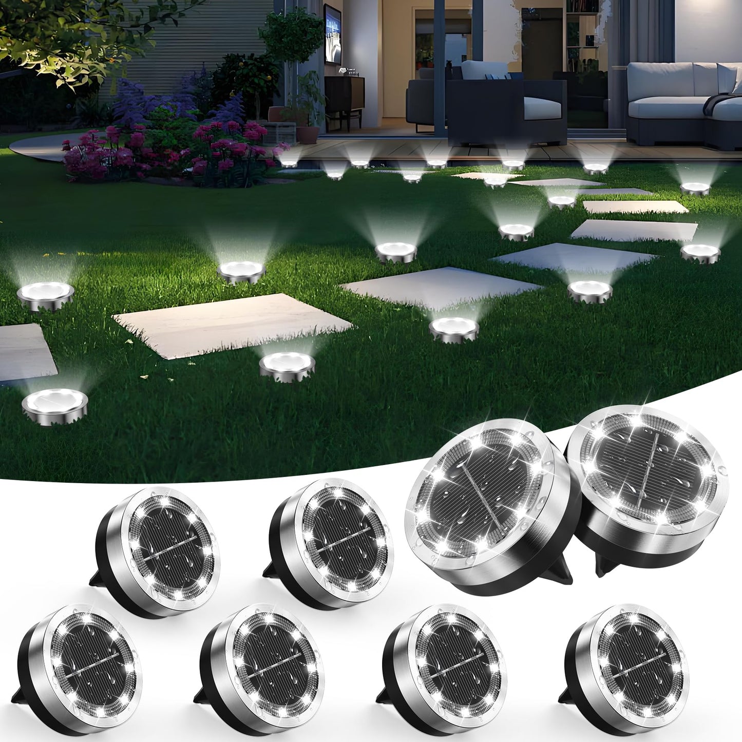Solar Ground Lights Outdoor, 8 Pack Solar Lights Outdoor Waterproof, Mini Flat Solar-Powered Garden Light, Landscape Lighting for Garden Yard Lawn Pathway Walkway Driveway Backyard Decor, Cold White