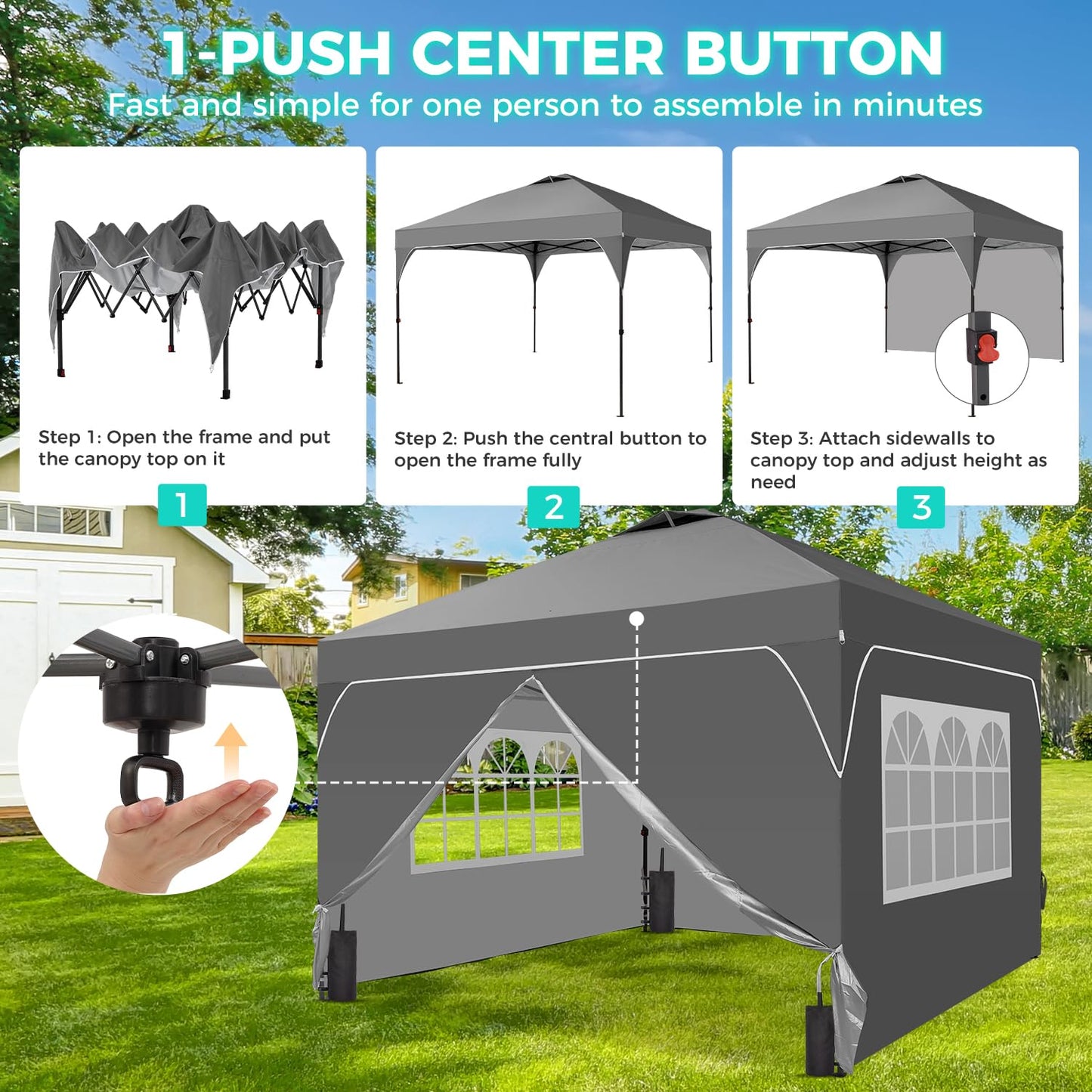 Oneofics 8x8 FT Pop Up Canopy with 1-Button Push, 4 Removable Sidewalls, Sandbags, Instant Canopy Tent for Outdoor Events