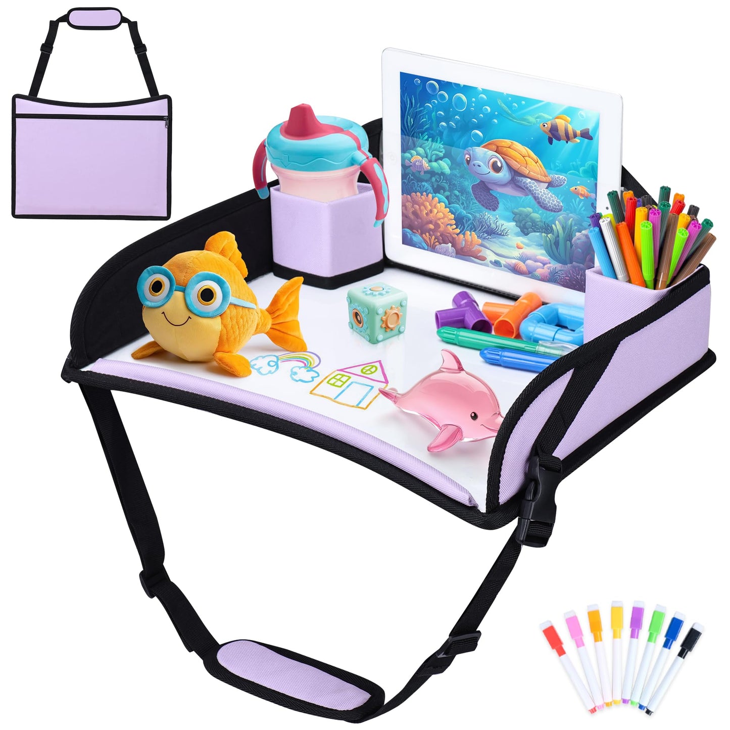 AZAMIA Kids Travel Tray for Toddler Carseat, Road Trip Activities Essentials for Toddler, Kids Lap Desk Tray with Tablet Holder Stand ＆ Dry Erase Board (Purple)
