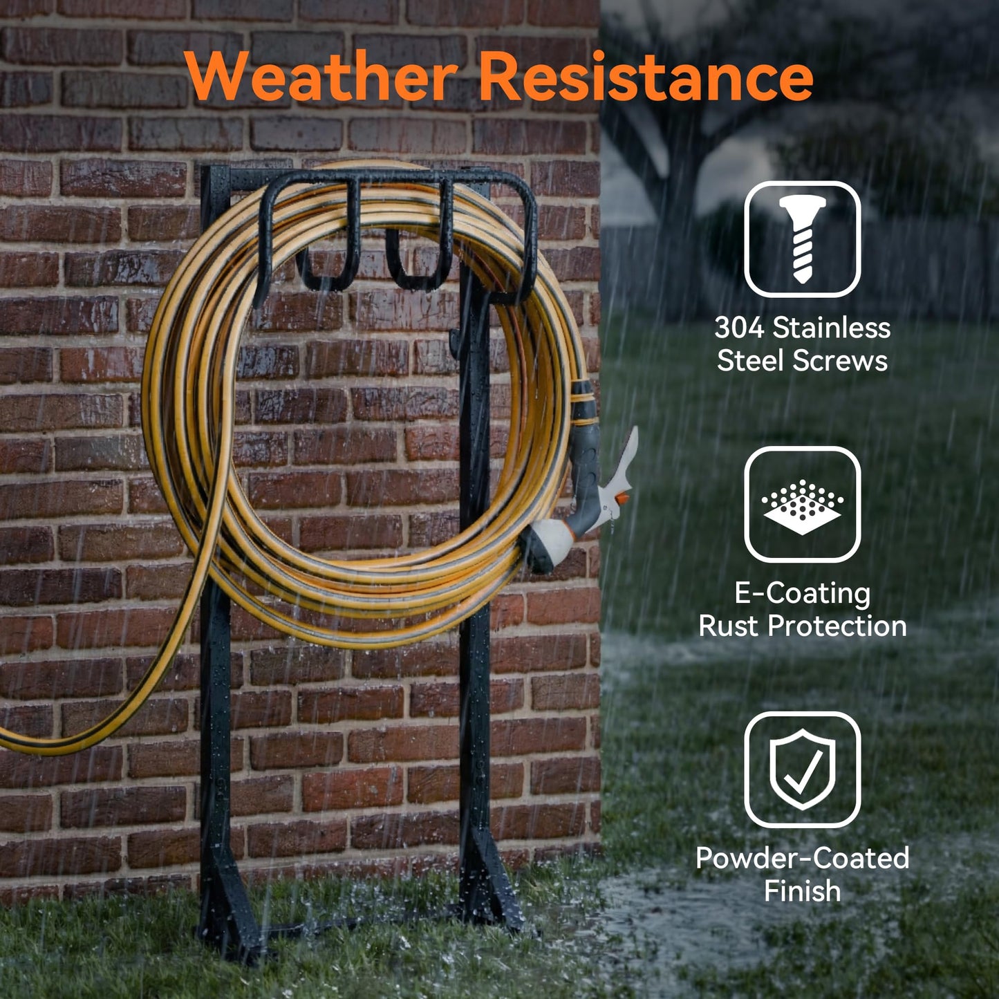 Garden Hose Holder Stand, Freestanding Heavy Duty Metal Hose Holder with Stable Base and Tool Hooks, Rustproof Water Hose Storage Rack for Outside Yard Lawn