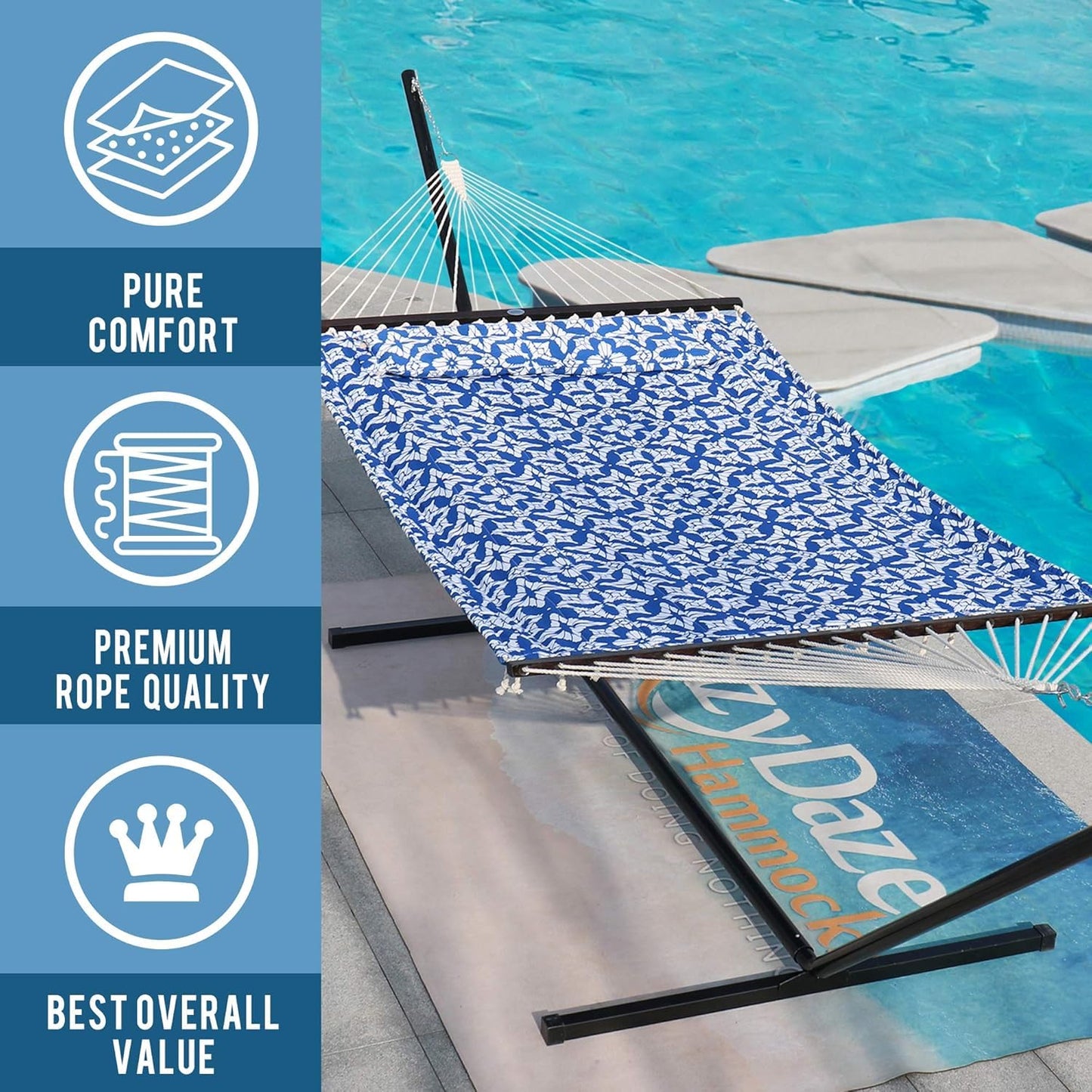 Lazy Daze Hammocks 12FT Quilted Fabric Hammock with Soft Pillow, Double 2 Person Tree Hammock with Spreader Bar for Outside Patio Poolside Backyard Beach, 450lbs Capacity
