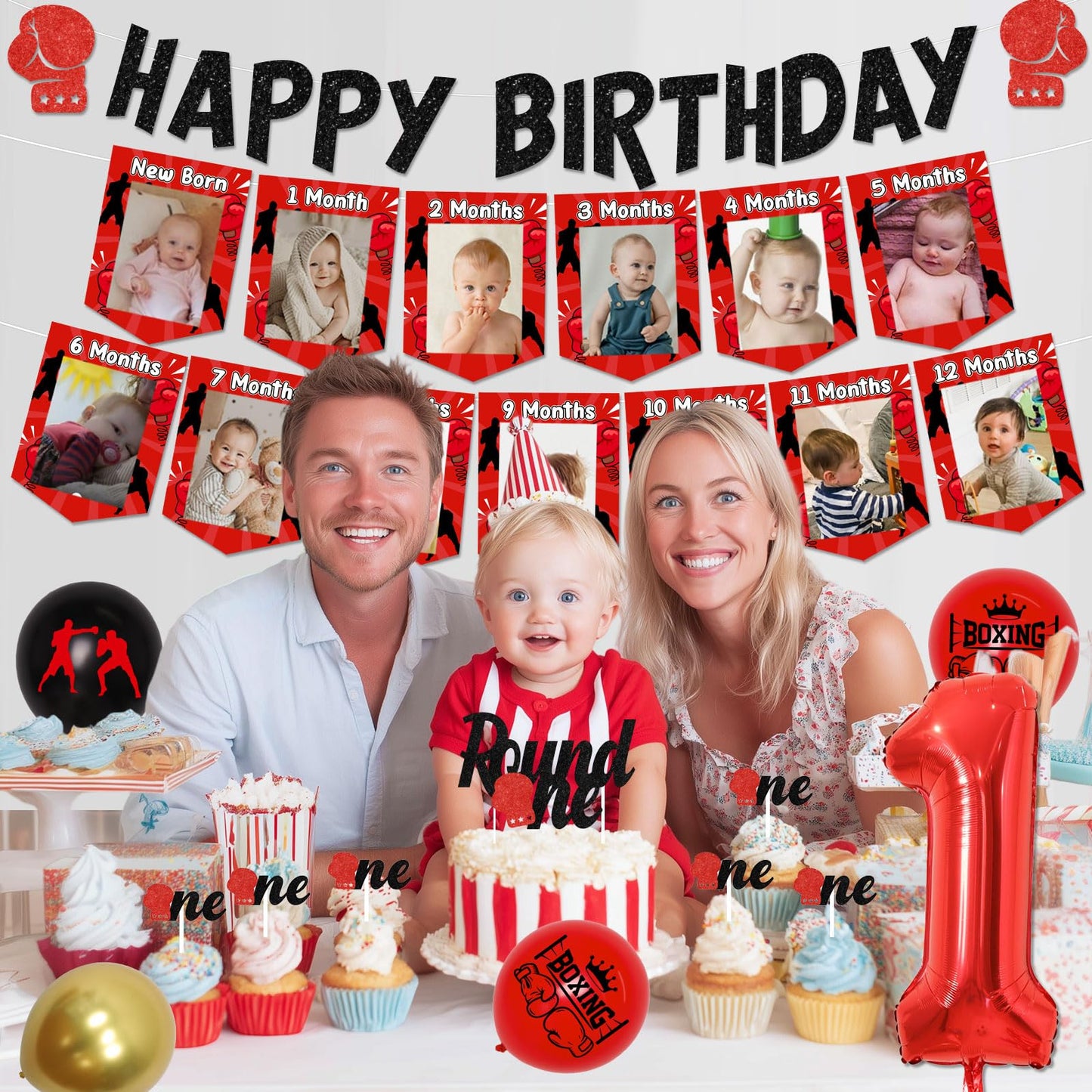 Boxing 1st Birthday Decorations Red Black Boxing Theme Happy Birthday Banner, Photo Banners, High Chair Banner, Round One Cake and Cupcake Toppers, Number 1 Balloons Kit for Boys First Bday Party