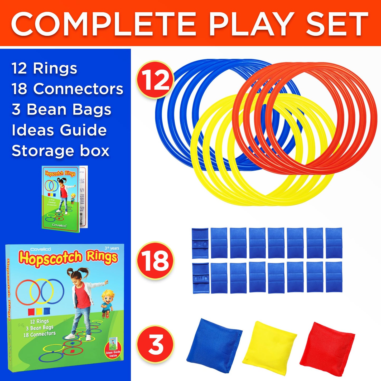 Covelico Hopscotch Rings, 12 x 11 Inch Rings & 3 Bean Bags, Play Hopscotch Outdoor & Indoor Obstacle Course for Kids 3-5, Recess Toys & Physical Education Equipment, Gross Motor Games PE Equipment