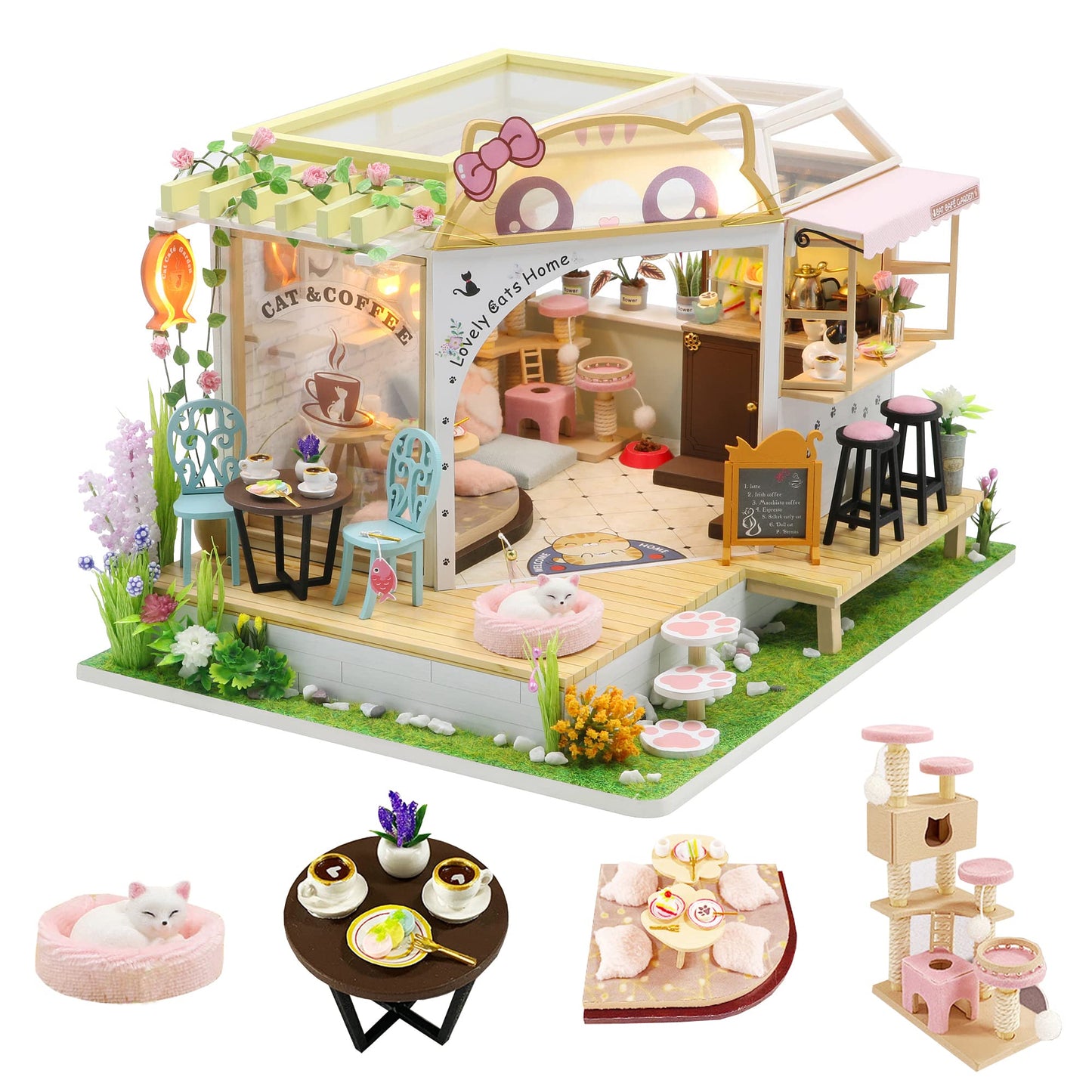 CUTEROOM DIY Miniature House Kit- Lovely Cats House, Tiny Dollhouse Wooden Furniture Kit, Mini DIY Craft Kits Creative Room for Christmas Decoration Family Friends