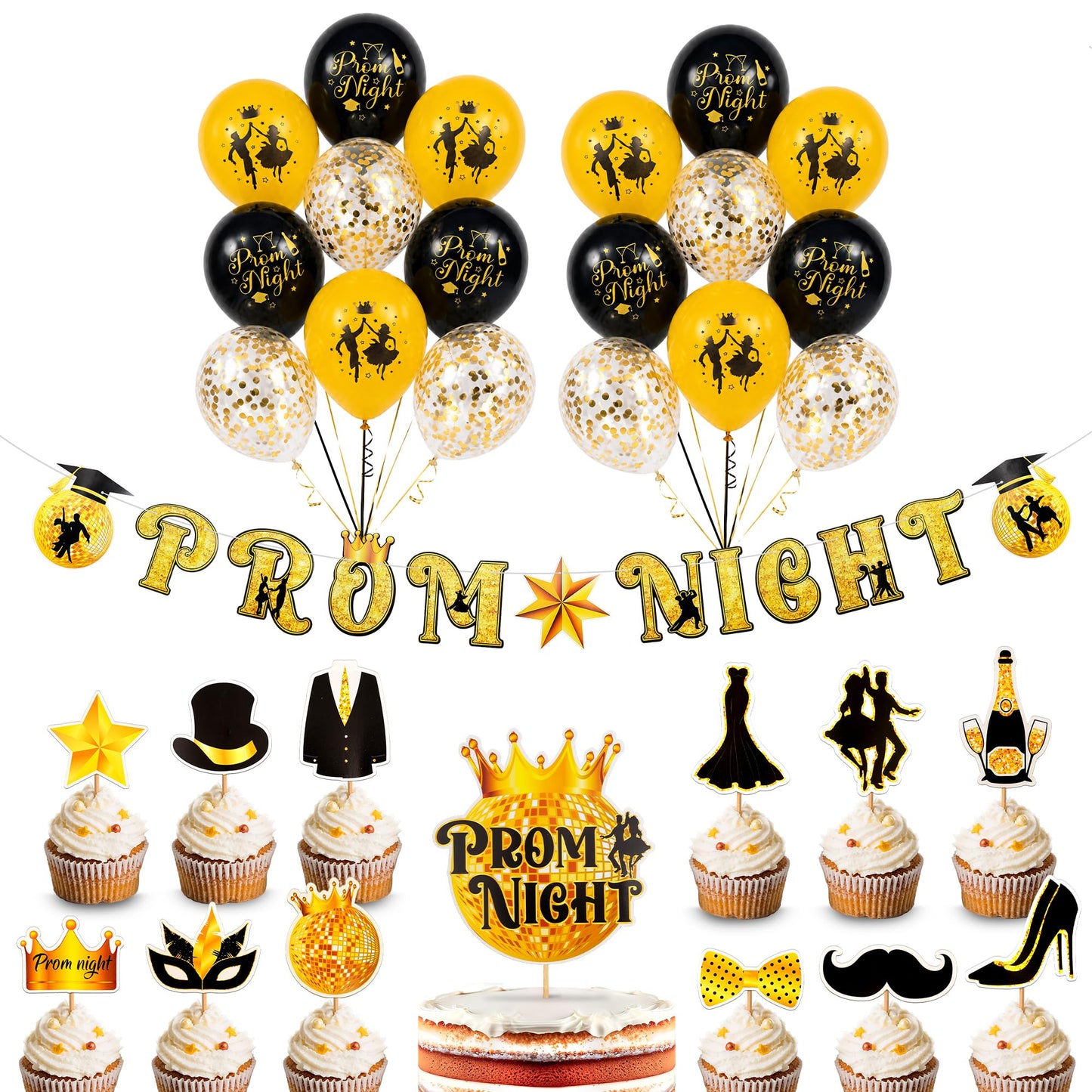 KatchOn, Prom Night Decorations 2026 - Black and Gold Balloons, Pack of 31 | Prom Night Banner, Latex Balloons and Cupcake Toppers | Black and Gold Prom Decorations, Prom Party Supplies