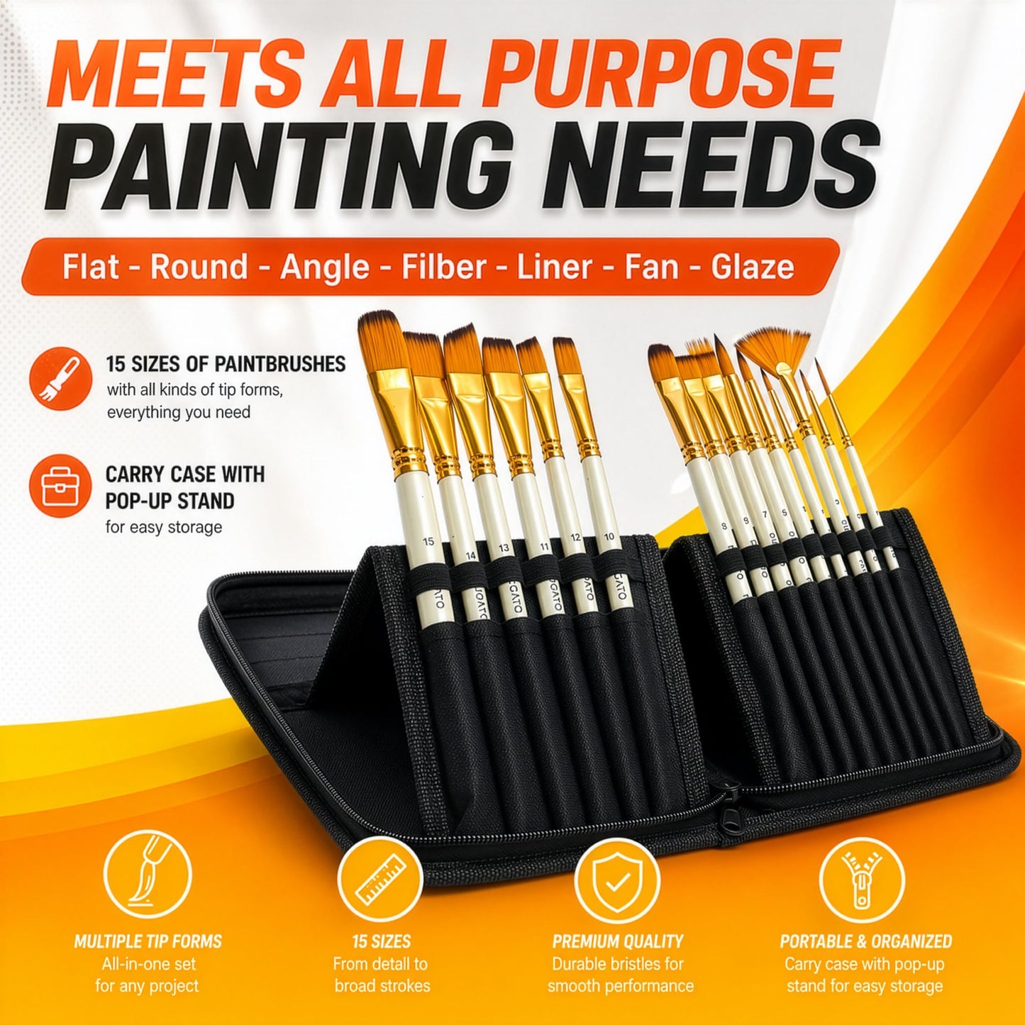 DUGATO 15pc Artist Paint Brush Set with Pop-Up Case, Palette Knife & Sponges - Nylon Hair for Acrylic, Oil, Watercolor, Gouache, Model & Craft Painting