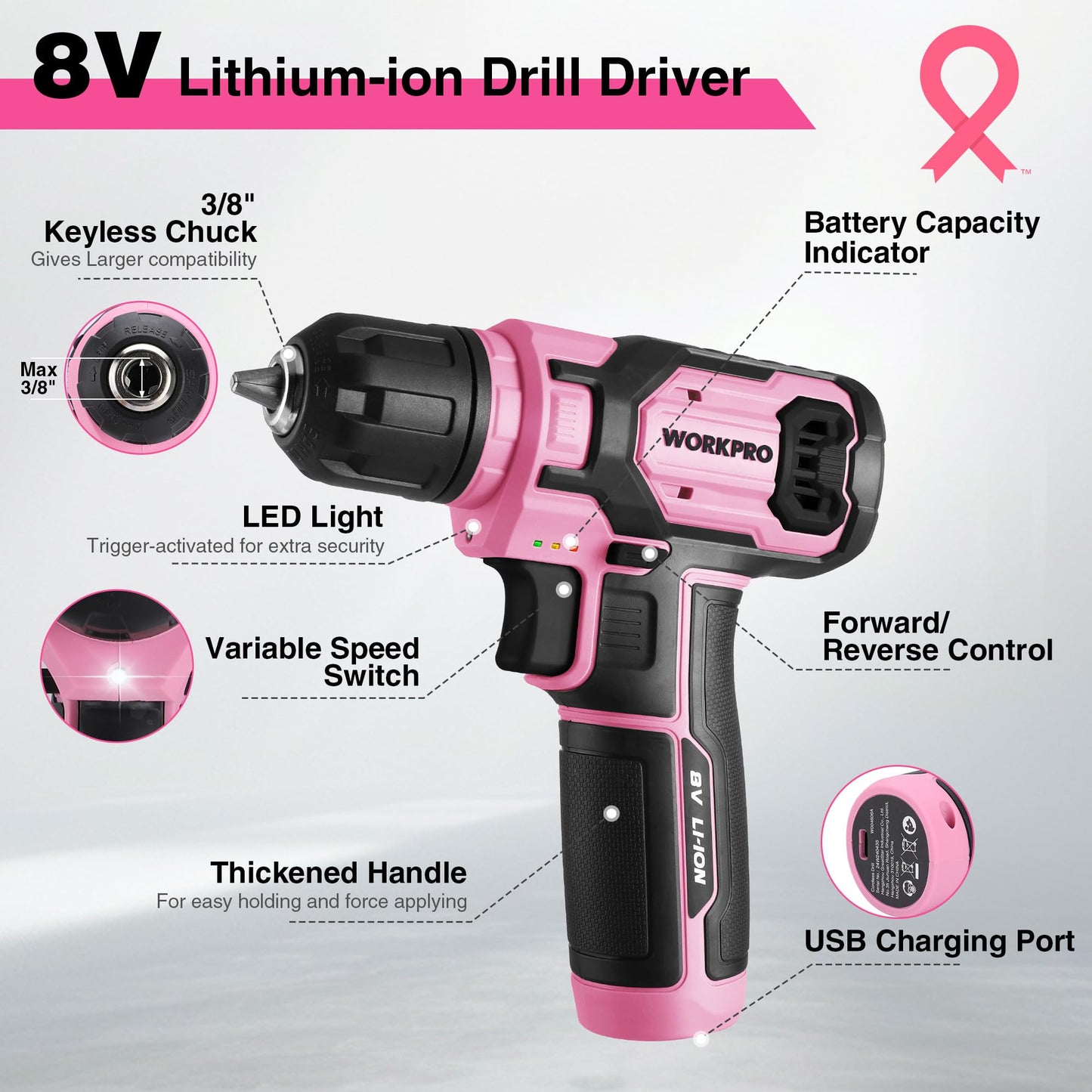 WORKPRO Pink Cordless Drill Set, 8V Impact Drill Driver with 53pcs Bit Set, 2.0Ah Electric Power Drill Kit with 3/8" Keyless Chuck and Variable Speed Trigger, Portable for DIY- Pink Ribbon