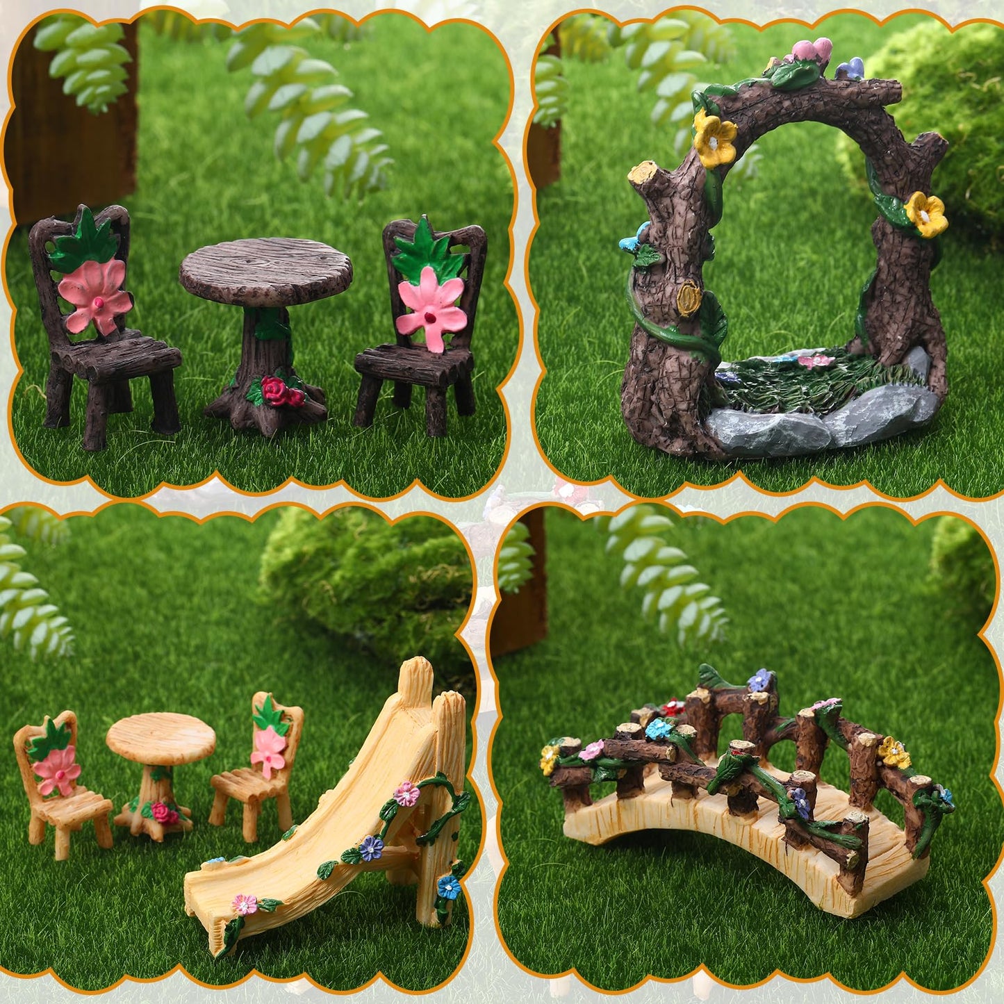 9 Pcs Fairy Garden Accessories - Miniature Garden Kit Landscape Decorations Table and Chairs Set Fairy Garden Furniture Ornaments Bridge Flower Slide Figurine for Terrarium Potted Plants, Dollhouse
