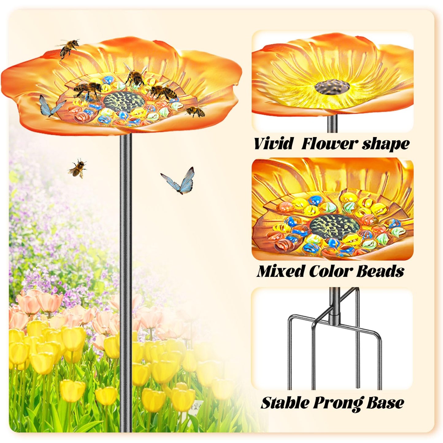 MeyRolizn Bee Butterfly Watering Station, 4 Prongs Base Stake Butterfly Bee Feeder for Garden with Glass Marbles, Bee Bath with Vivid Flower Design for Garden Yard Patio Decor (Orang Yellow)