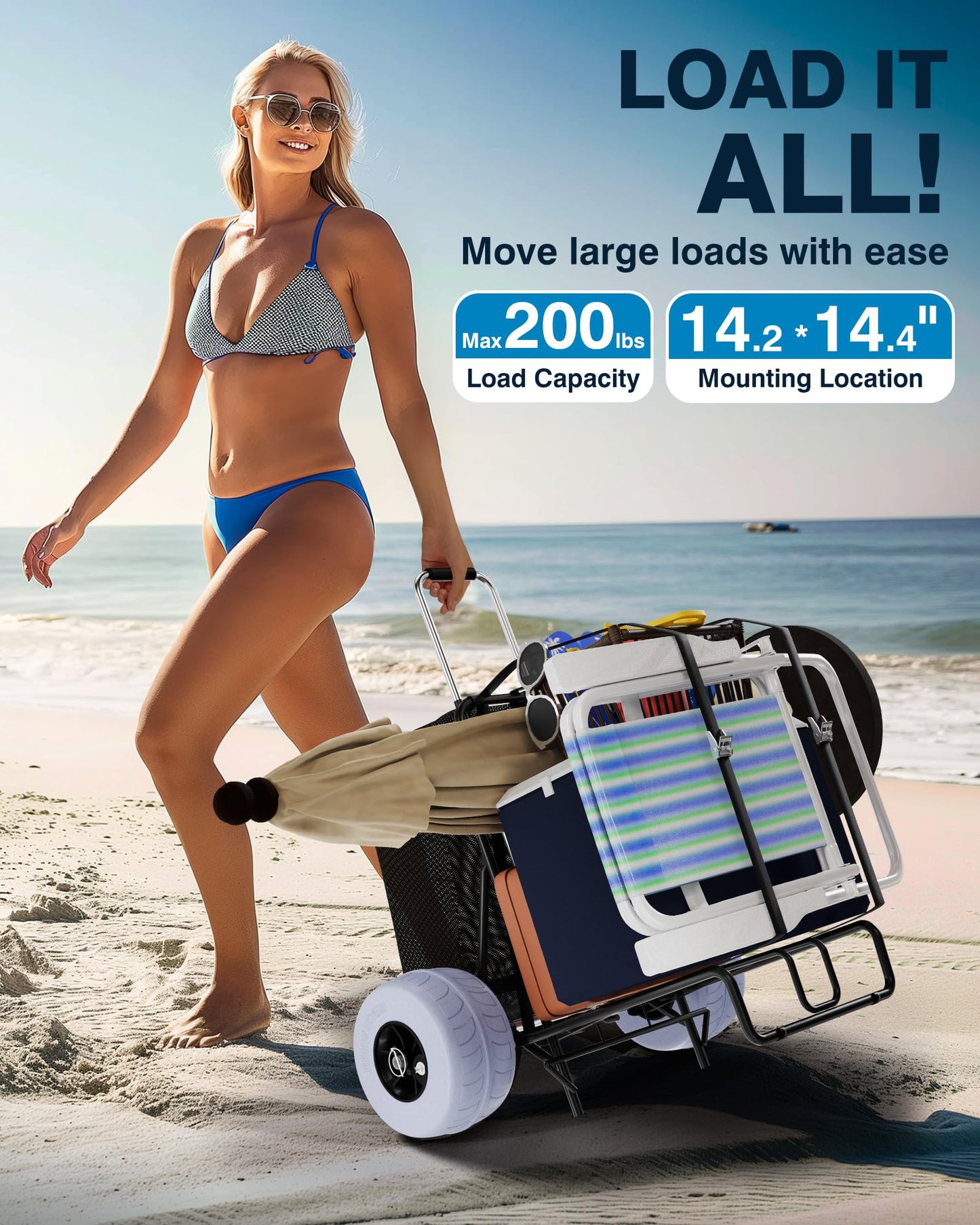 PYY Beach Cart with Big Balloon Wheels for Sand, Foldable Wagon Dolly Buggy Trolley for Outdoor Camping Shopping Fishing with 200 Lbs Loading Capacity, 9" Large Rolling Tires, Collapsible Storage Bag