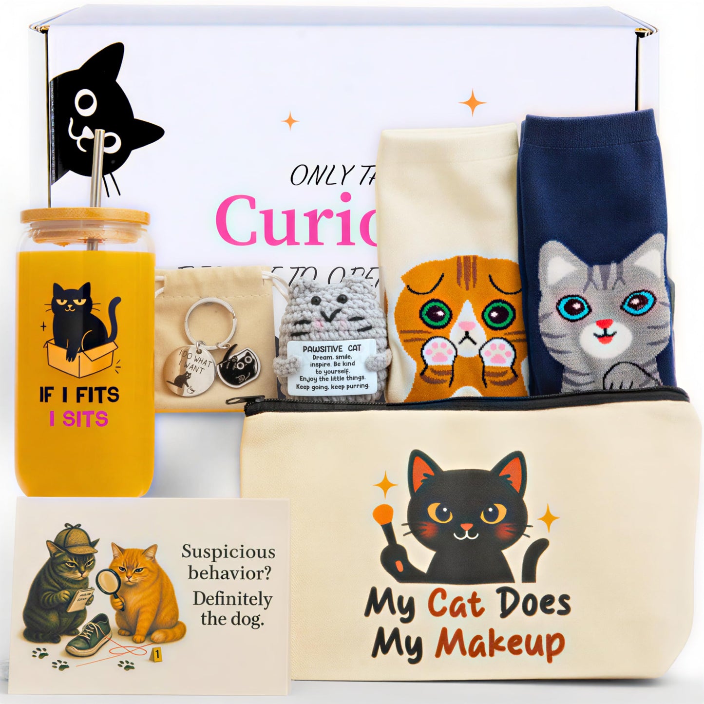 QUILE Fun Cat Mom Mothers Day Gifts Box, Cat Lover Gifts for Women, Premium Cats Themed Gifts Set for Women with Borosilicate Glass Cup Crochet Doll & Socks, Crazy Cats Lady Gift Basket for Birthday