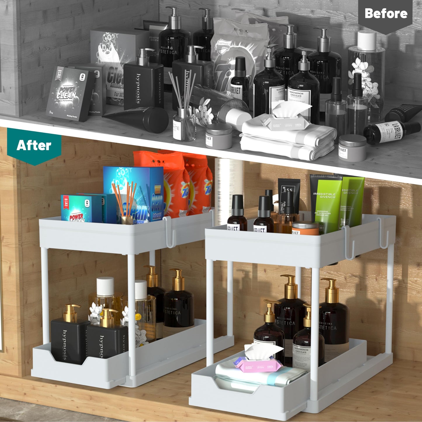 DEKAVA Cabinet, 2 Pack Under Sink Organizer, 2 Tier Sliding Bathroom Kitchen Organizer, Large White ABS Baskets, Easy Install & Clean