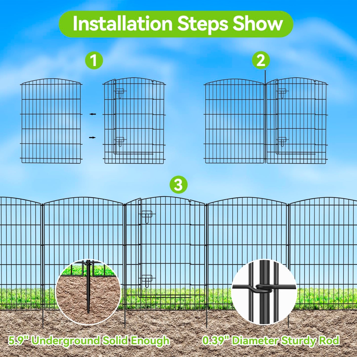 INJOPEXI Decorative Garden Fence 6 Panels 13ft (L)×36in (H) Animal Barrier Fences with 5 Panels + 1 Gate, No Dig Garden Fencing Rustproof Metal Wire Temporary Rabbit Dog Fence for Patio Outdoor Yard