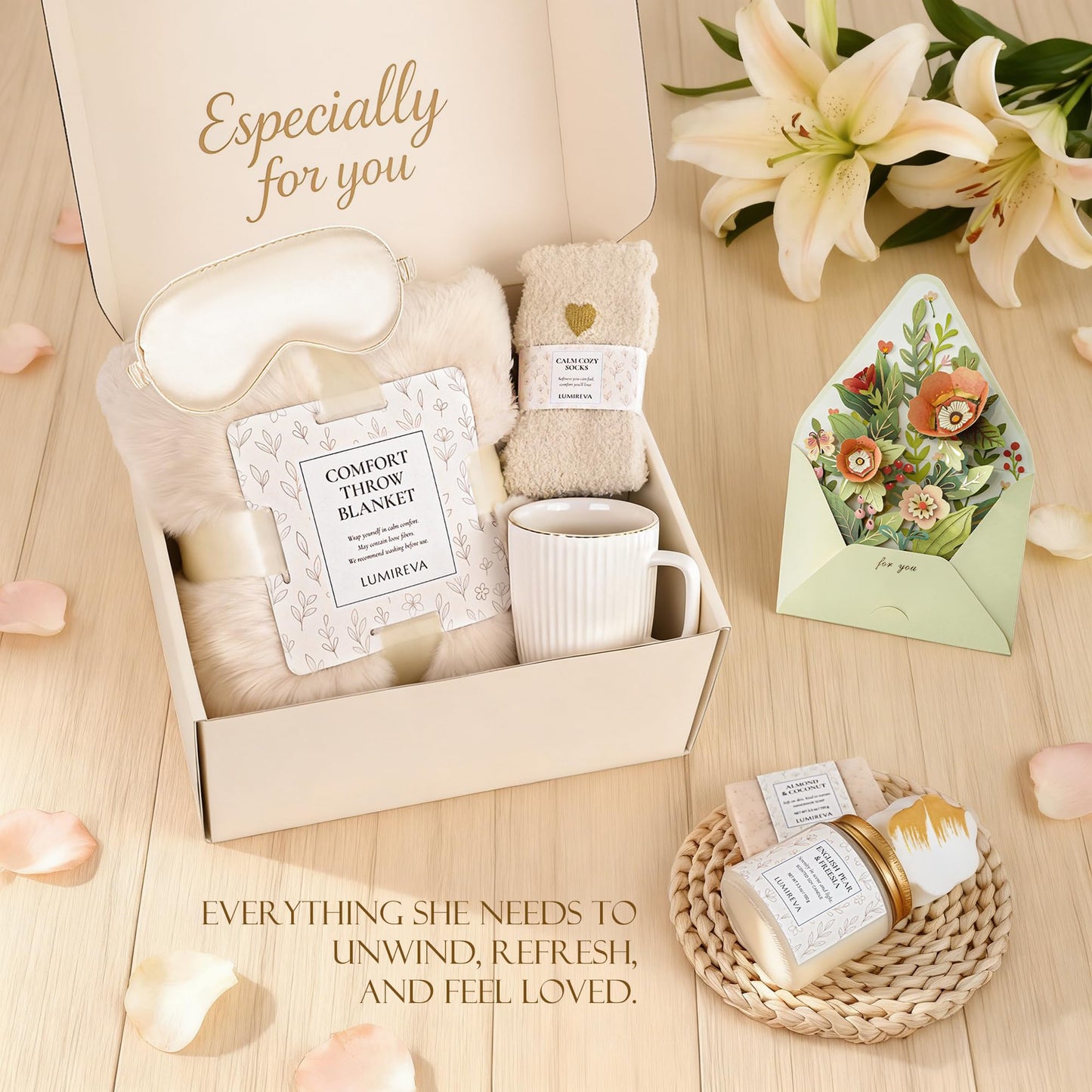 Lumireva Care Gift Basket for Women – Hug in a Box with Blanket, Candle & Self-Care Gifts, Thoughtful Comfort & Love Gift for Her, Wife, Girlfriend or Mom